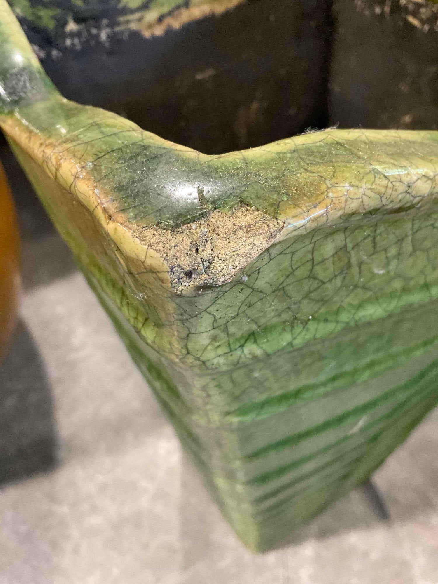 Leaf Green Glazed Ceramic Planter Pot w/ Crazed Finish. Measures 9" x 9" x 21" Good Condition. - 6