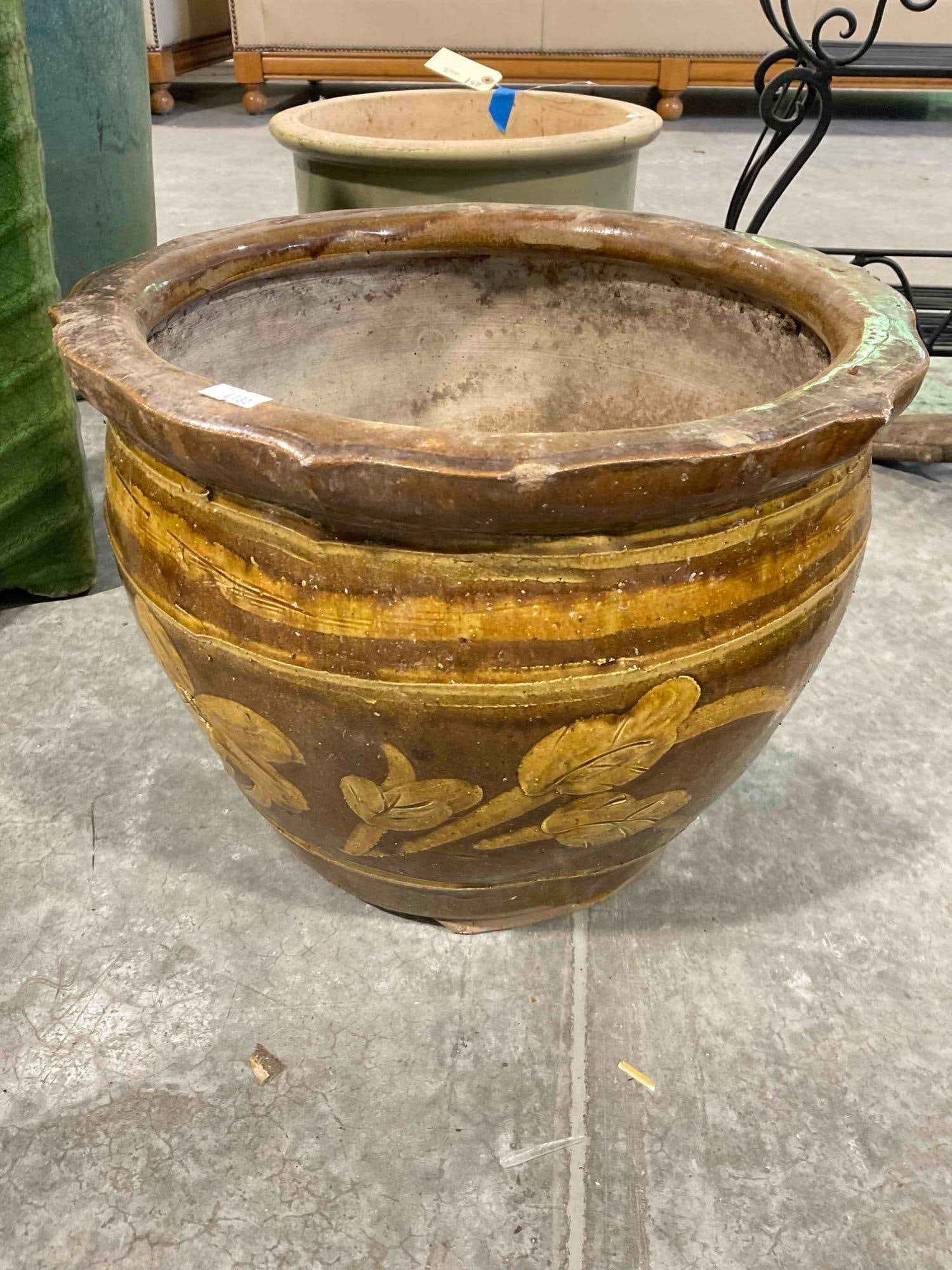 Brown Glazed Ceramic Planter Pot w/ Ochre Stripes & Flower Details. Good Condition. See pics. (1 of 6)