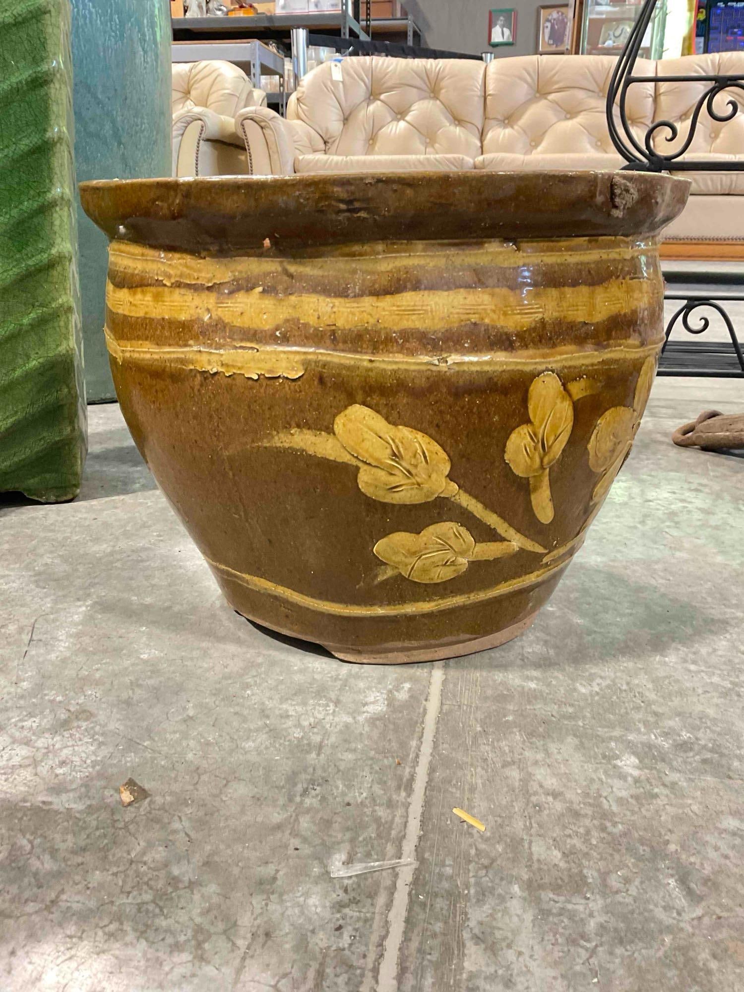 Brown Glazed Ceramic Planter Pot w/ Ochre Stripes & Flower Details. Good Condition. See pics. - 2
