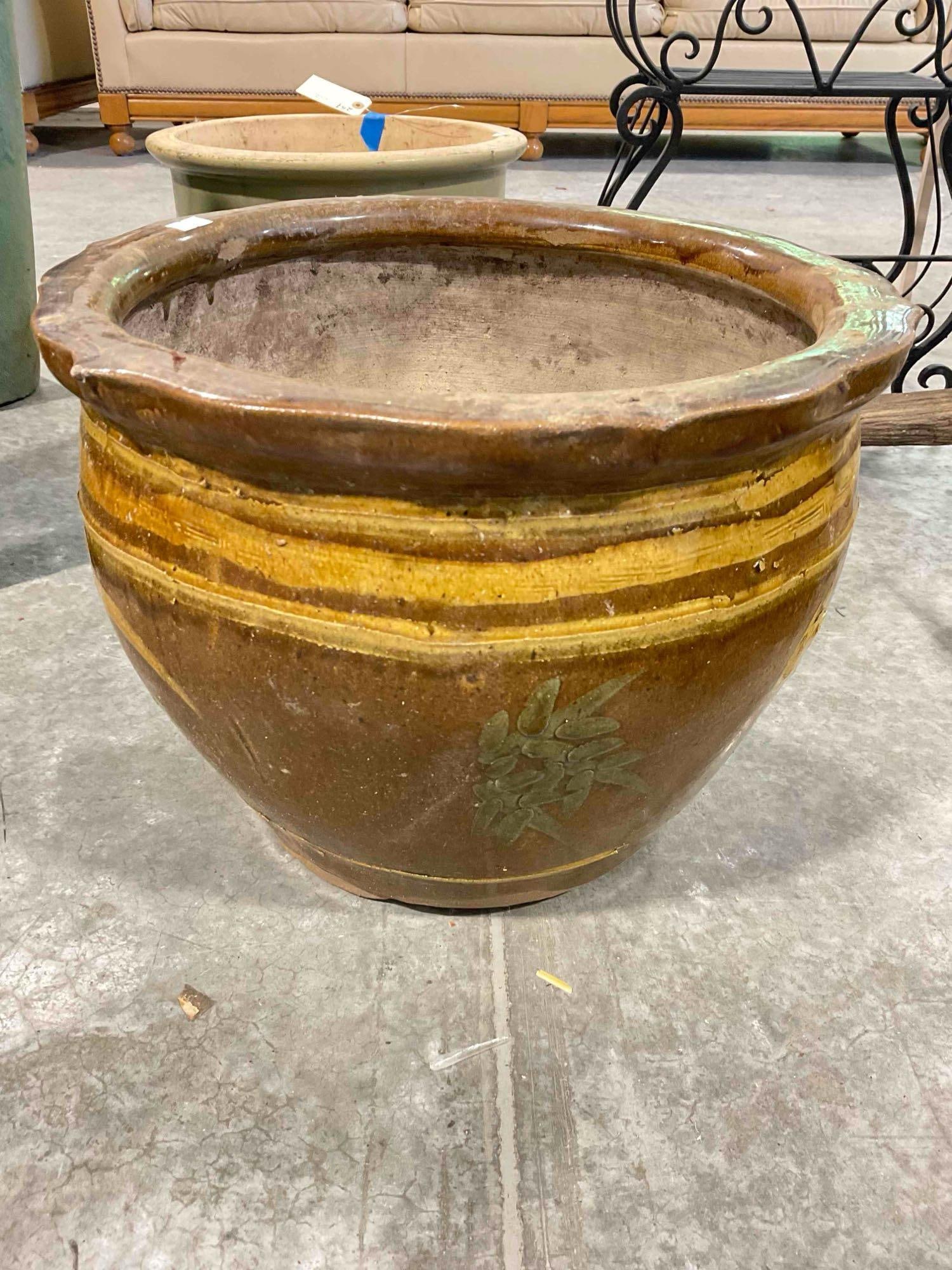 Brown Glazed Ceramic Planter Pot w/ Ochre Stripes & Flower Details. Good Condition. See pics. - 4