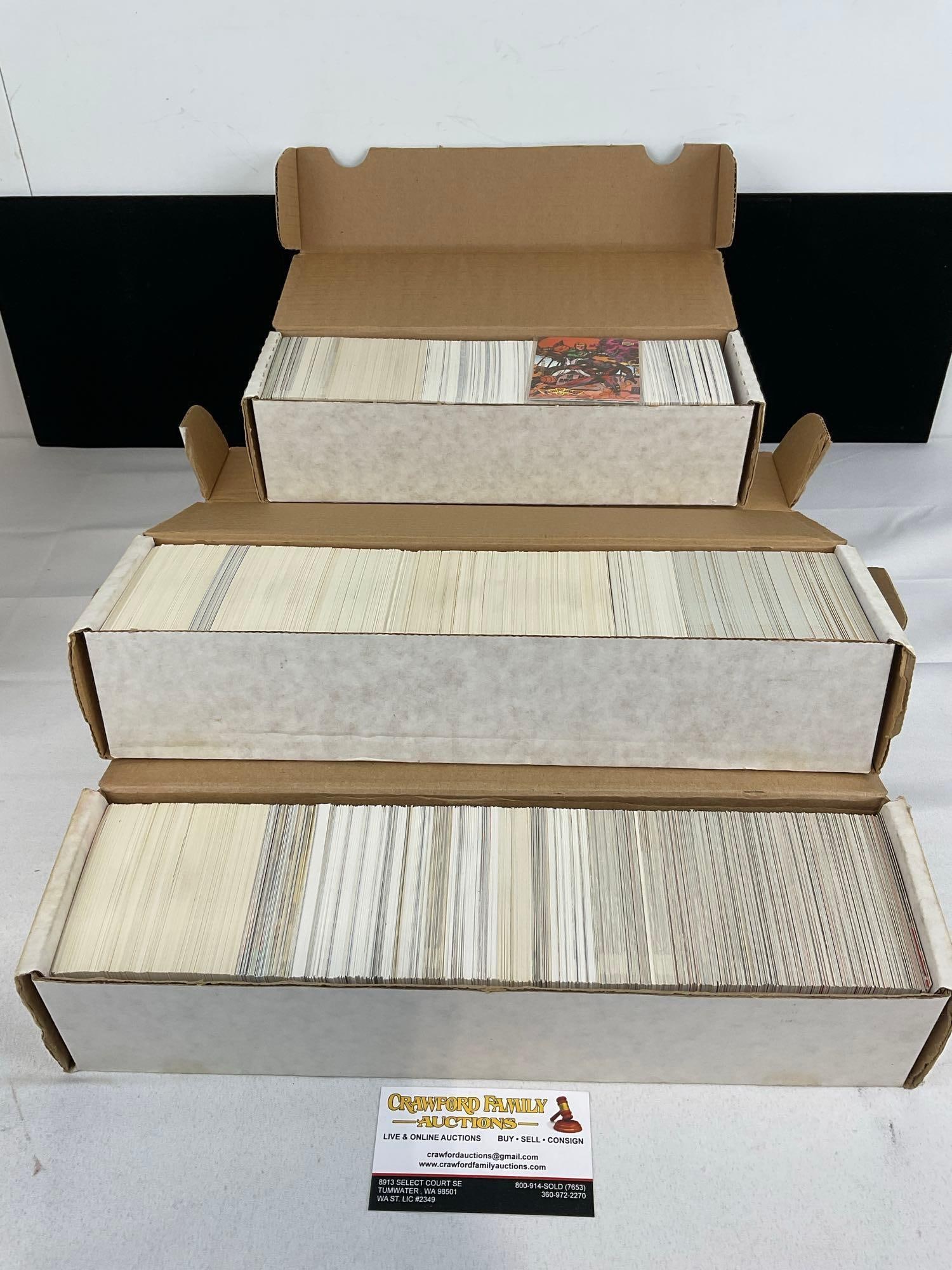 Vintage 3500+ Sports Cards, Basketball Cards, NBA Hoops, Topps Stadium Club, Fleer 93 & more: Several boxes of sports cards, unresearched, and all from the same collection. Appears to be in good shape. The piece measures approx 5h x 19w x 16d inches. See pics. E-414