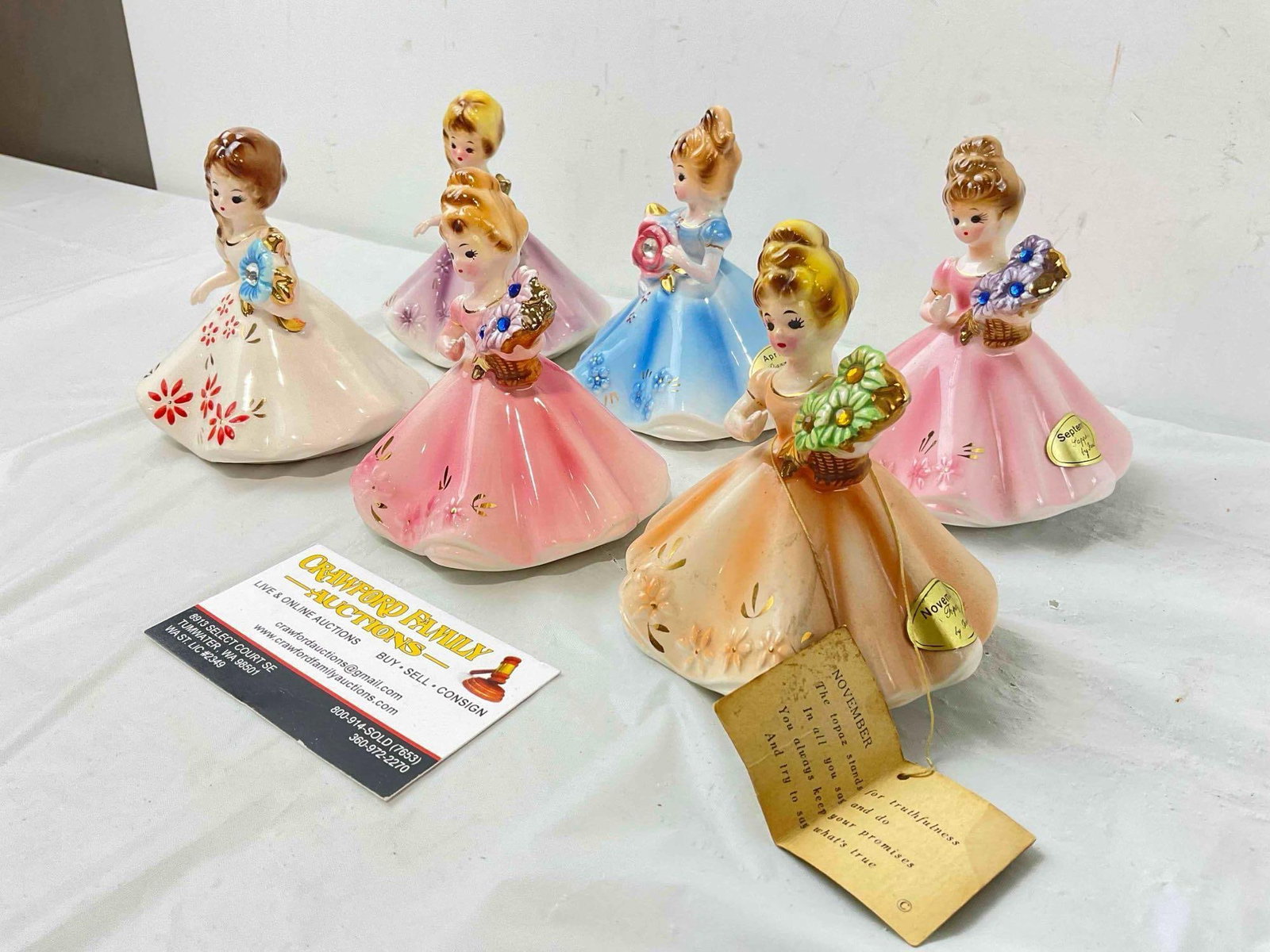 6 pcs Vintage Josef Originals Ceramic Lady Figurines, incl. Birthstones for April, Nov. & More! - 2