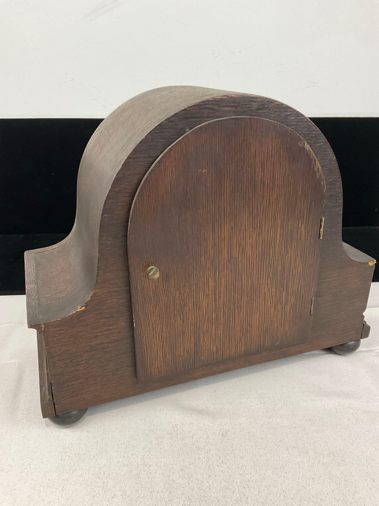 Antique English Oak Mantel Clock, Time Strike, no glass cover, 11h x 14w x 7d inches - 3