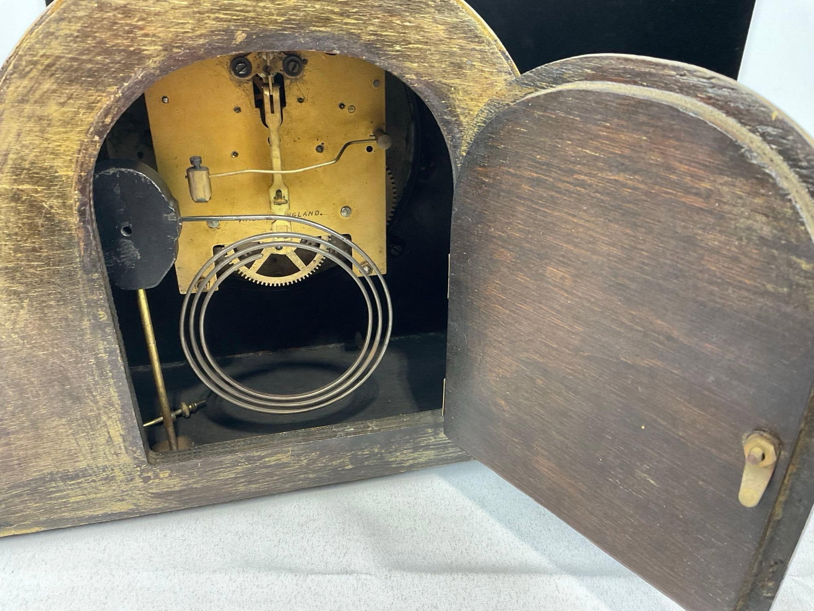 Antique English Oak Mantel Clock, Time Strike, 10h x 17w x 6d inches, some discoloration - 5