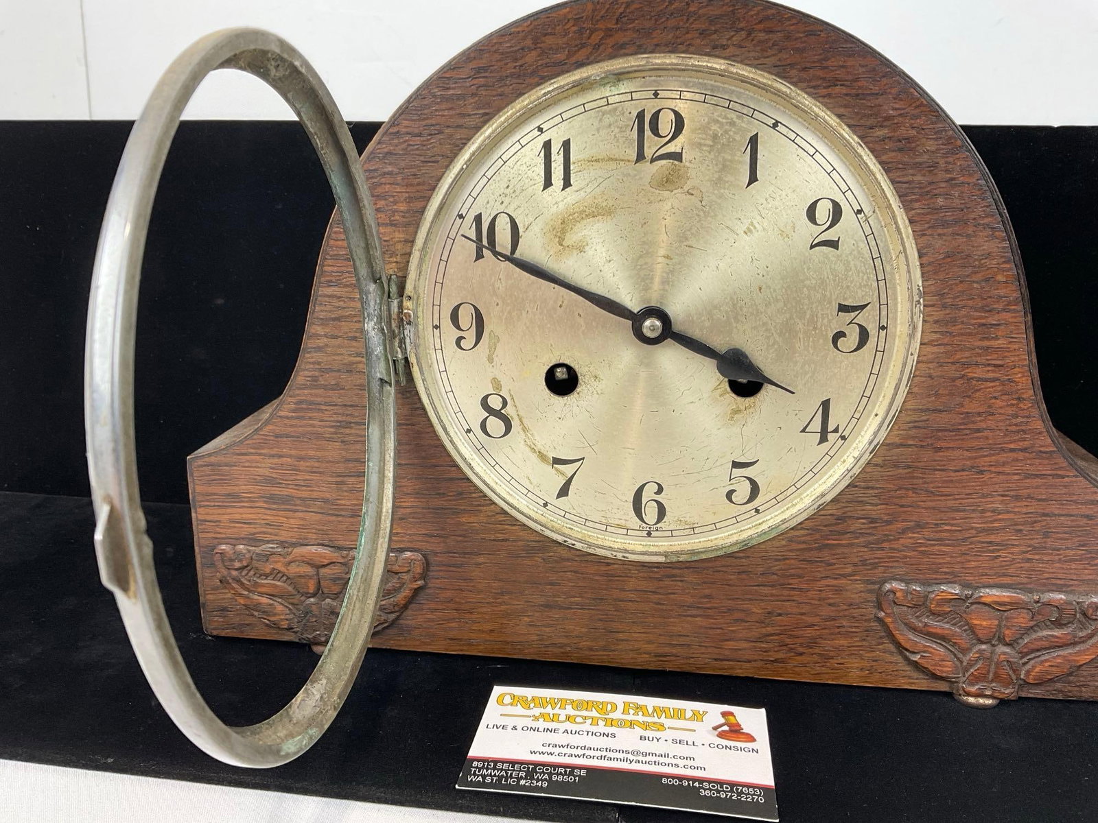 Antique Enfield(?) English Oak Mantel Clock, Time Strike w/key, 9h x 13w x 7d inches, no glass - 2