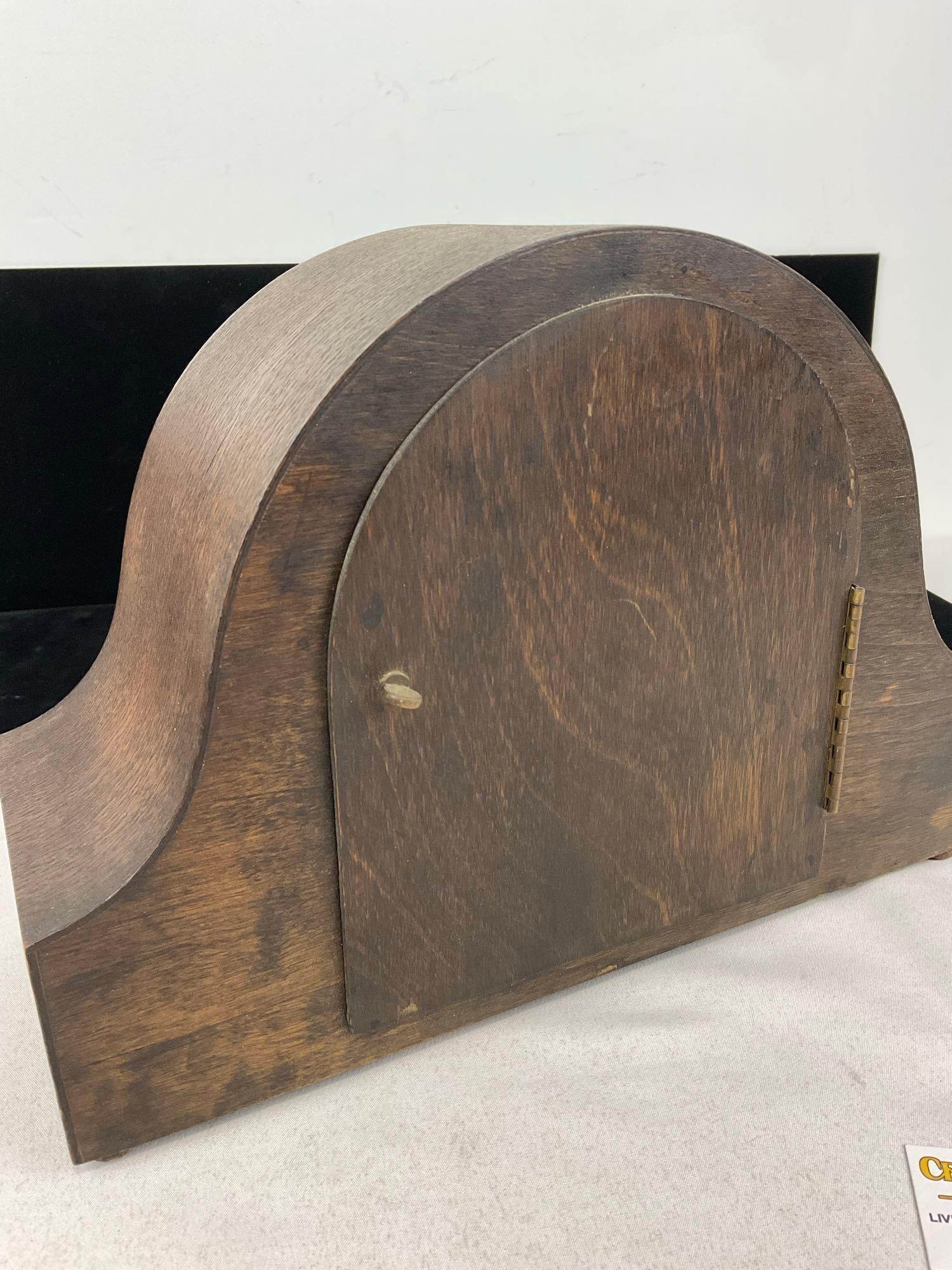 Antique Enfield(?) English Oak Mantel Clock, Time Strike w/key, 9h x 13w x 7d inches, no glass - 4
