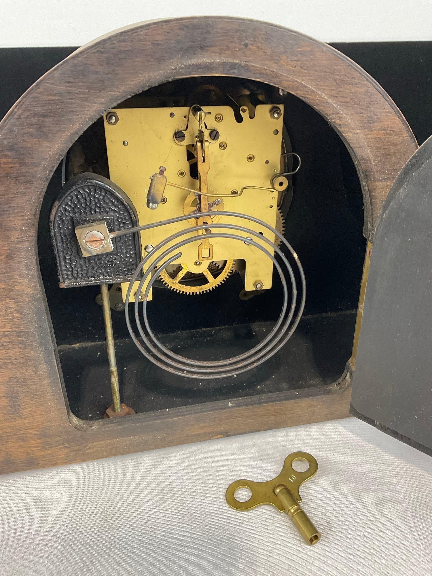 Antique Enfield(?) English Oak Mantel Clock, Time Strike w/key, 9h x 13w x 7d inches, no glass - 5