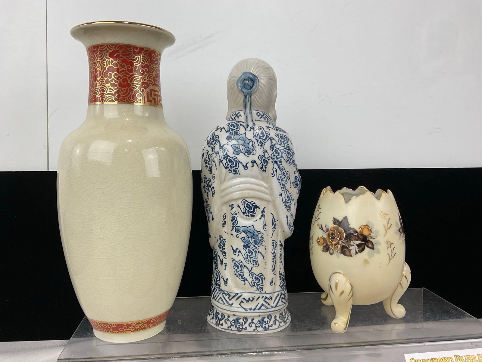 3 Watercolor Fans, Porcelain Vase, & Sage figure, Egg Shaped Vase - 5