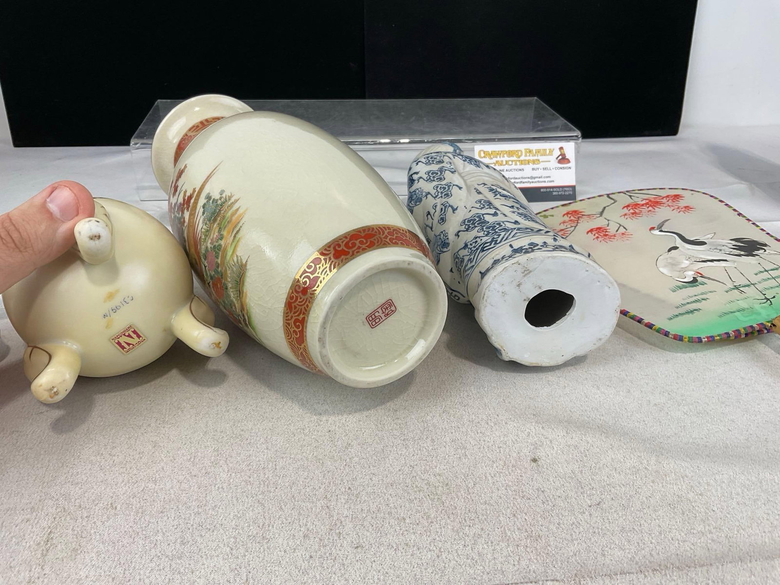 3 Watercolor Fans, Porcelain Vase, & Sage figure, Egg Shaped Vase - 6