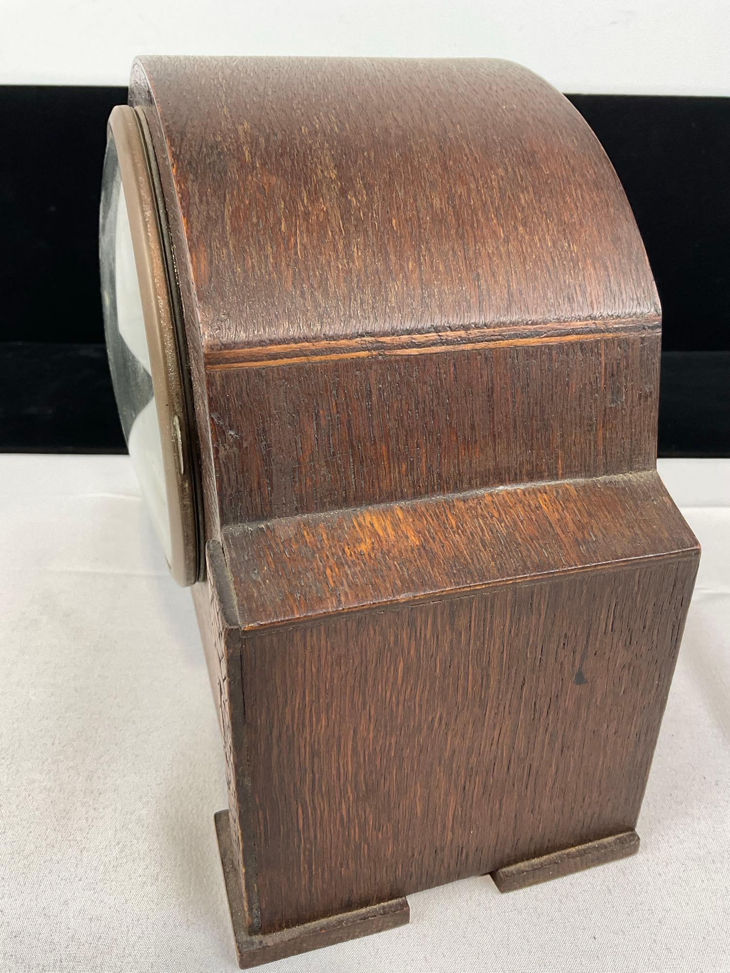 Antique English Oak Mantel Clock, Time Strike, 10h x 12w x 6d inches - 3
