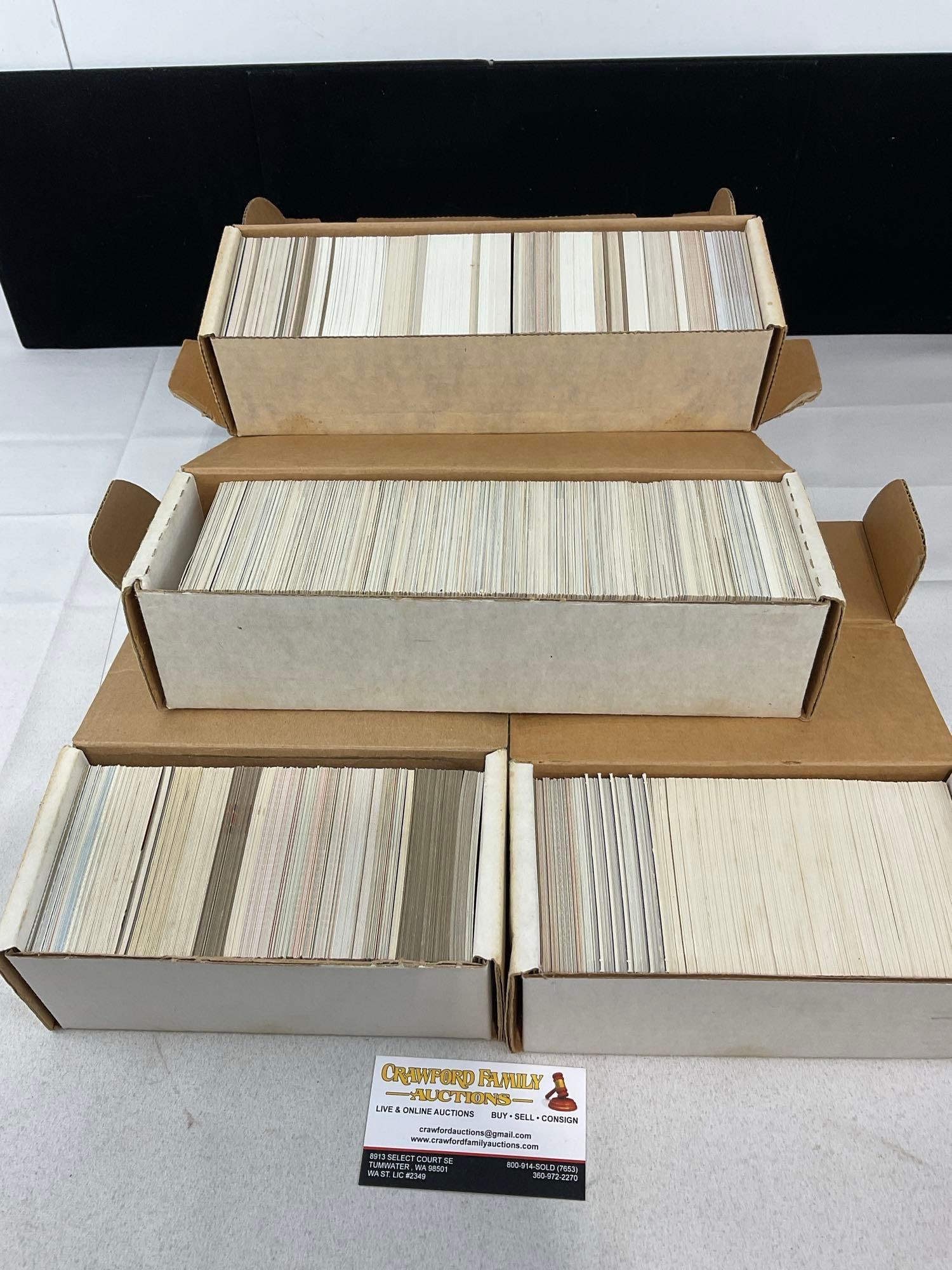 4 Boxes of Sports Cards, NFL Pro Set, Playoff, Topps, Topps Stadium Club & more, approx 3000 Cards: Appears to be in good shape. The piece measures approx 10h x 16w x 5d inches. See pics. E-5940