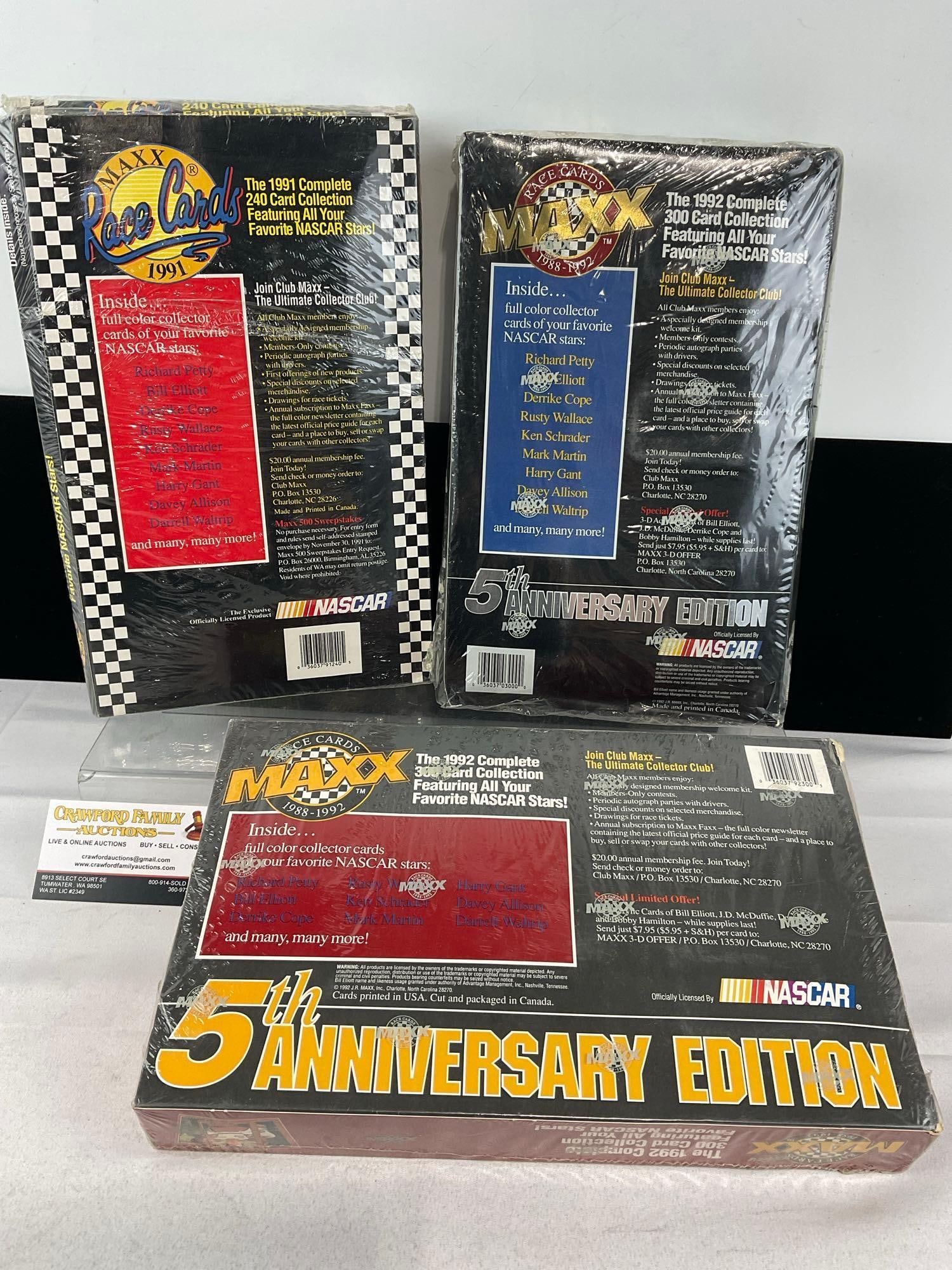 3 Boxes of Maxx Race Cards 1991, 1988-1992 & 1992 5th Anniversary Edition, all sealed, shelf wear - 5