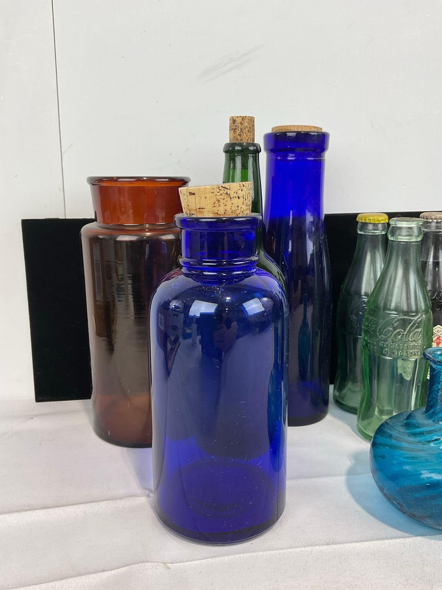 Asst Colored Glass, Cobalt Glass Bottles, Dark Green Glass, Amber, Aqua Vase, 2 Swirled Vases - 2