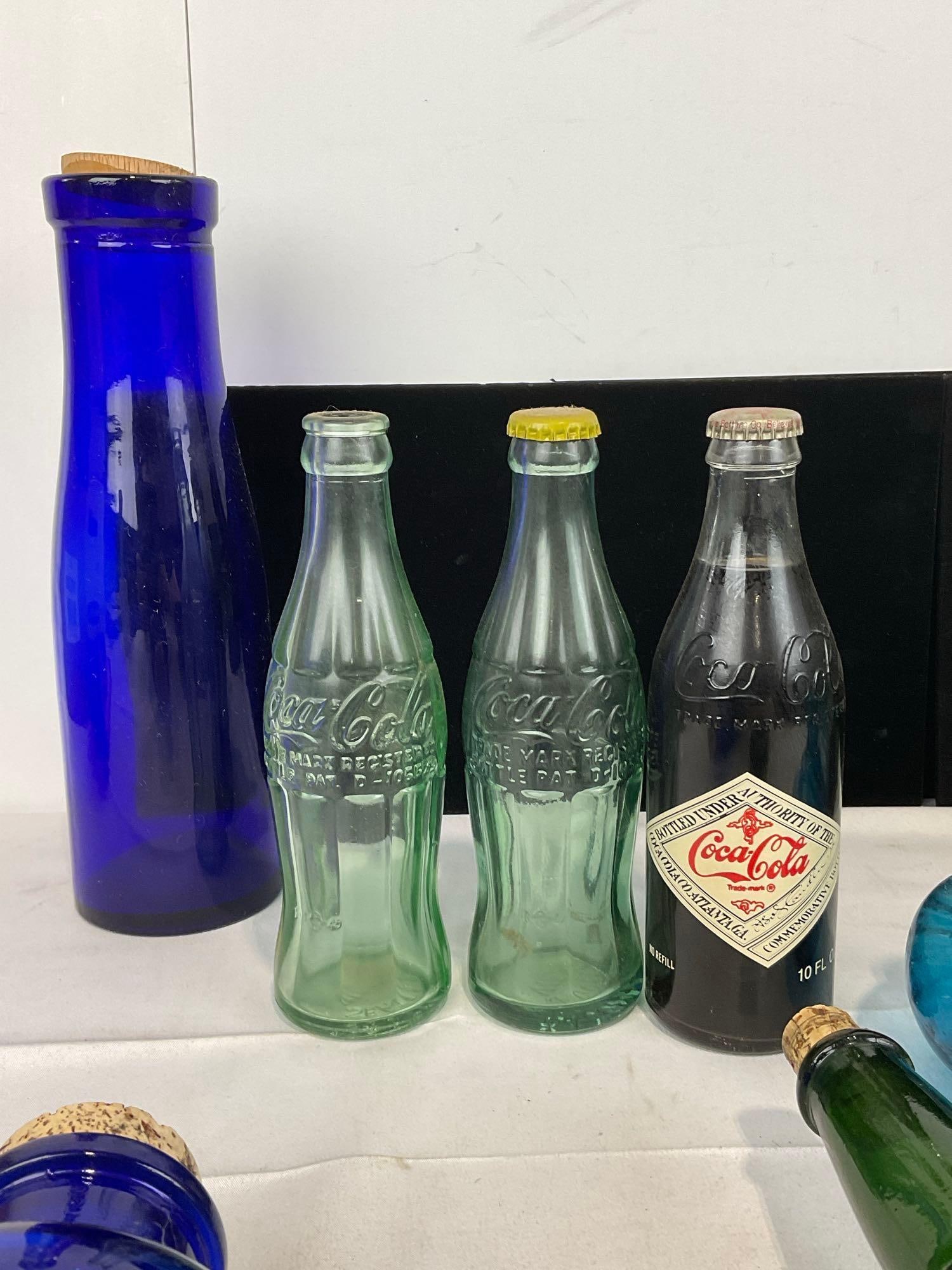 Asst Colored Glass, Cobalt Glass Bottles, Dark Green Glass, Amber, Aqua Vase, 2 Swirled Vases - 7
