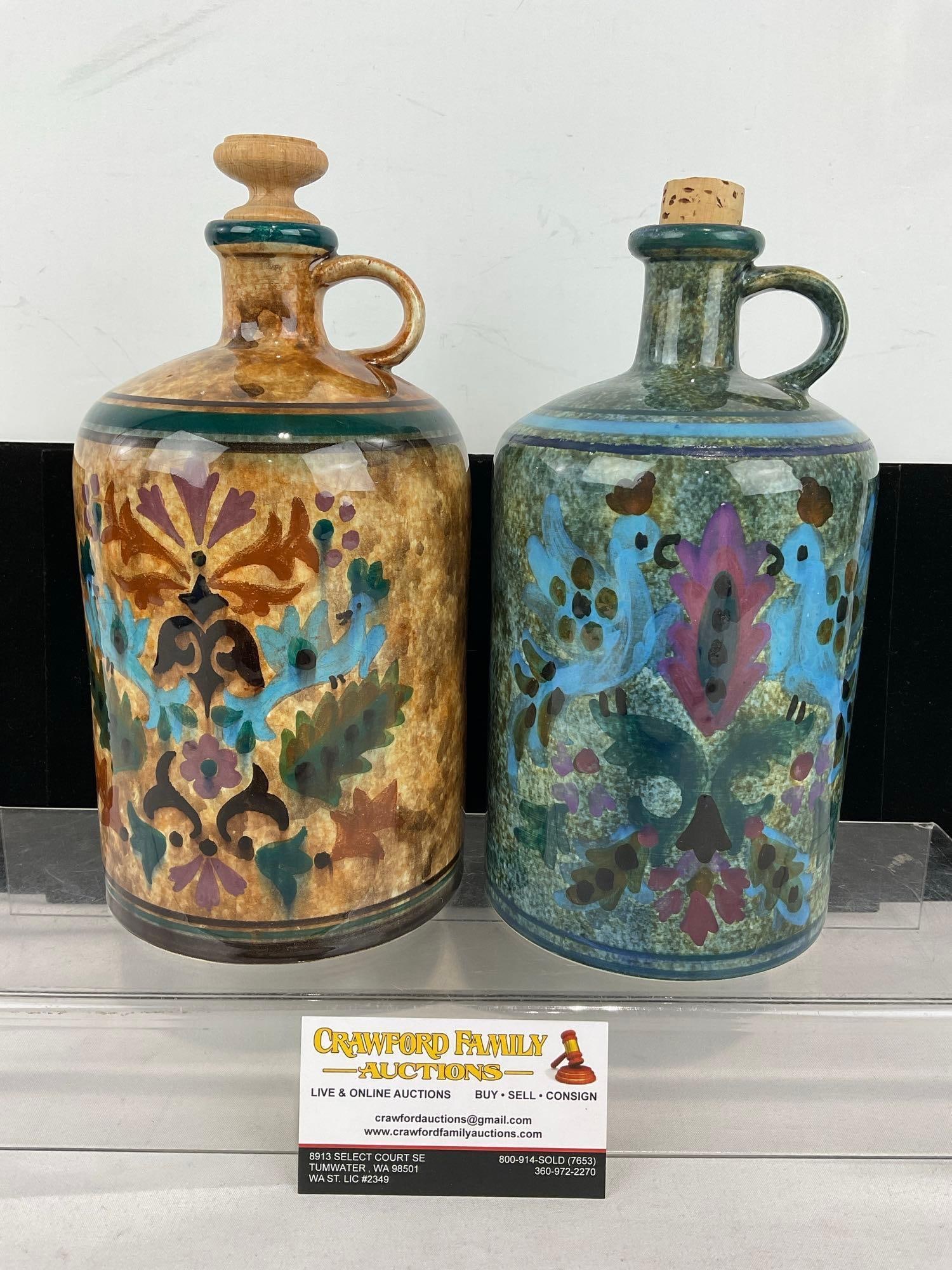 Pair of Vintage Greek Ceramic Jugs, w/Corks, and finger handles, Yellow & Blue finish: Appears to be in good shape. The piece measures approx 11h x 10w x 6d inches. See pics. E-6080