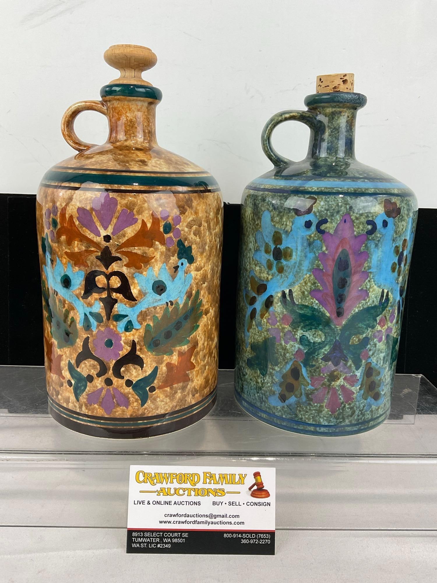 Pair of Vintage Greek Ceramic Jugs, w/Corks, and finger handles, Yellow & Blue finish - 2