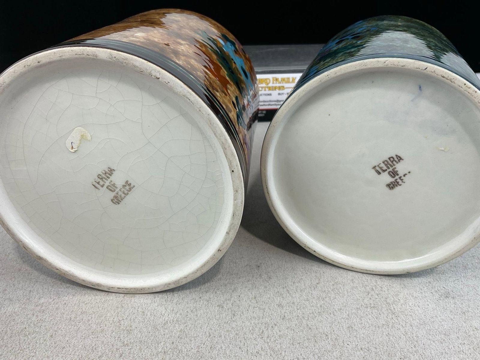 Pair of Vintage Greek Ceramic Jugs, w/Corks, and finger handles, Yellow & Blue finish - 3
