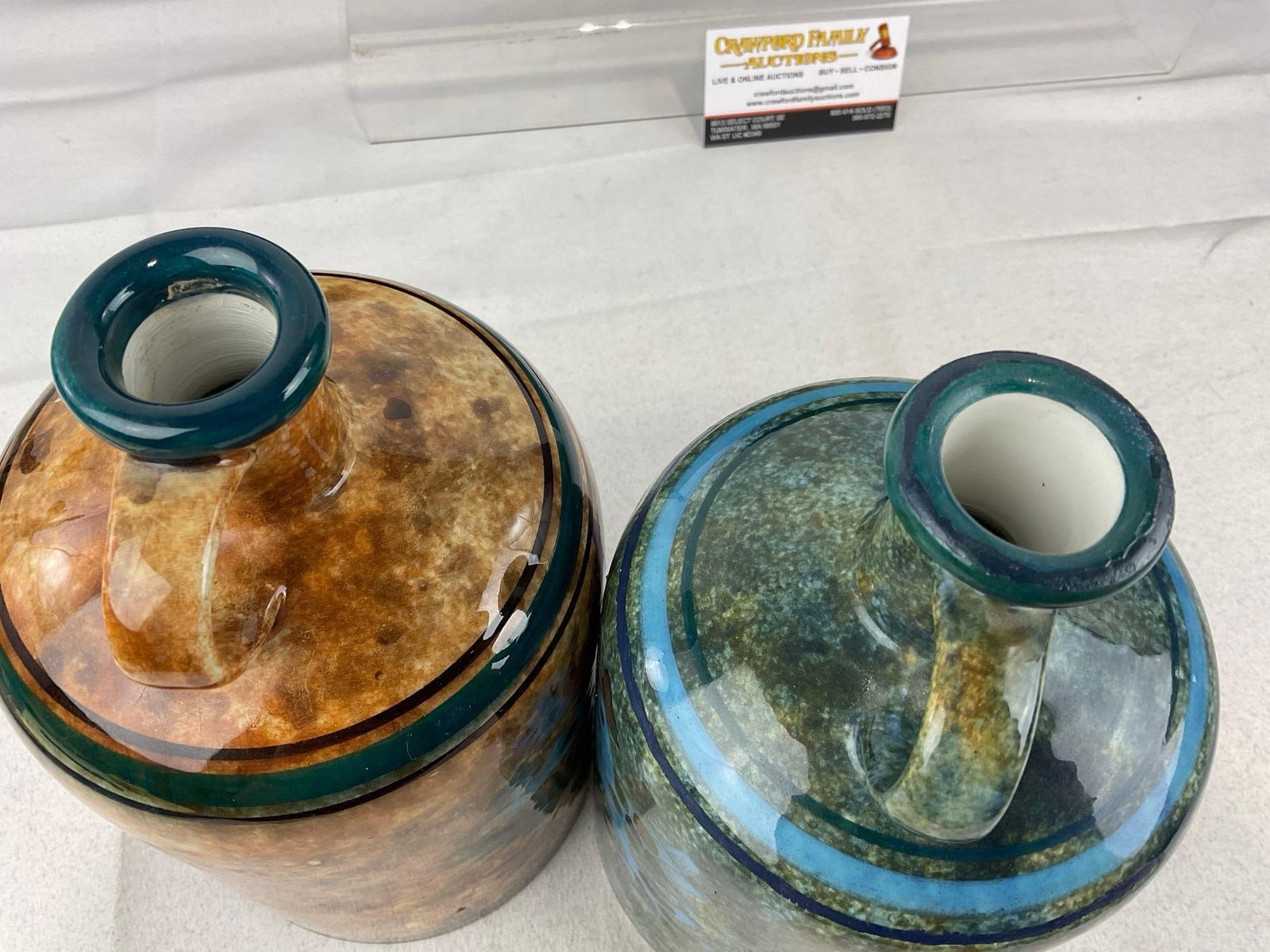 Pair of Vintage Greek Ceramic Jugs, w/Corks, and finger handles, Yellow & Blue finish - 4