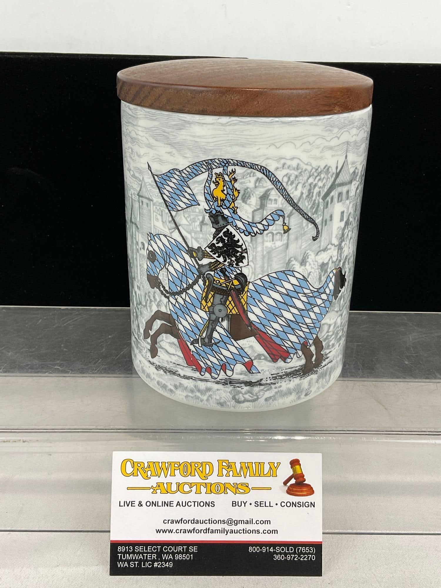 Vintage German Dresden Porcelain Salt Well, Bavarian Knight design, Wood lid, 10h x 5w x 5d inches: Appears to be in good shape. The piece measures approx 10h x 5w x 5d inches. See pics. E-6080