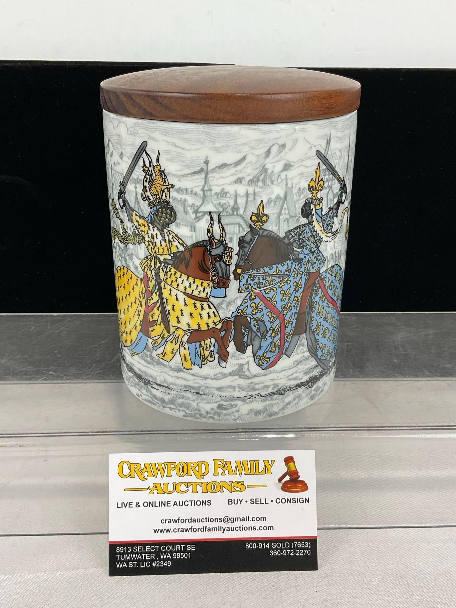 Vintage German Dresden Porcelain Salt Well, Bavarian Knight design, Wood lid, 10h x 5w x 5d inches - 2