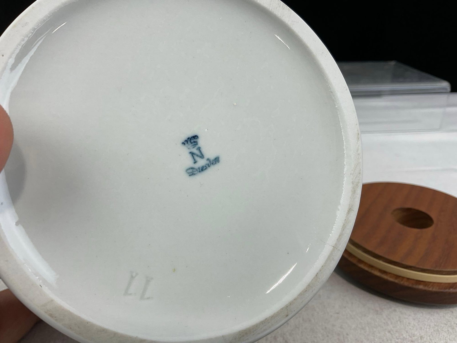 Vintage German Dresden Porcelain Salt Well, Bavarian Knight design, Wood lid, 10h x 5w x 5d inches - 5
