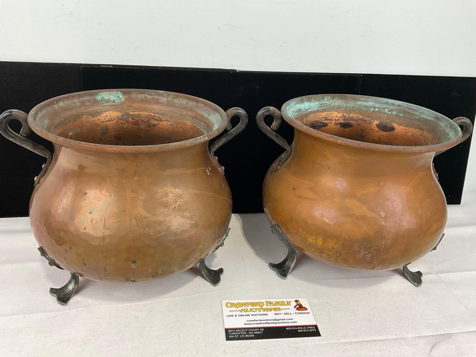 Pair of Vintage Swiss Hammered Copper Cauldrons, w/Cast Iron Legs & Handles, 10 inch diameter - 2