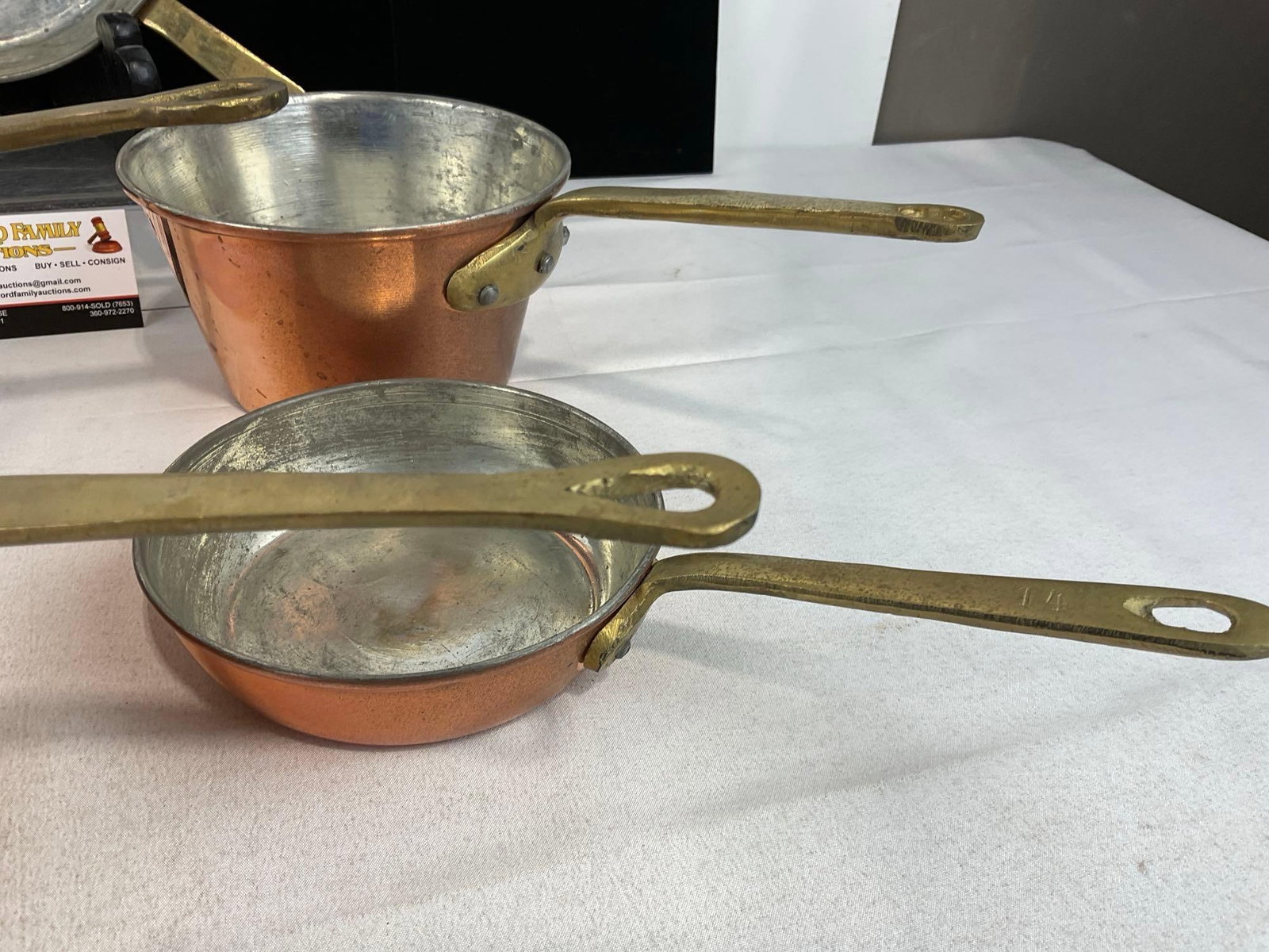 5 Vintage unmarked Copper Clad Sauce Pans & Skillets, w/Brass Handles - 3