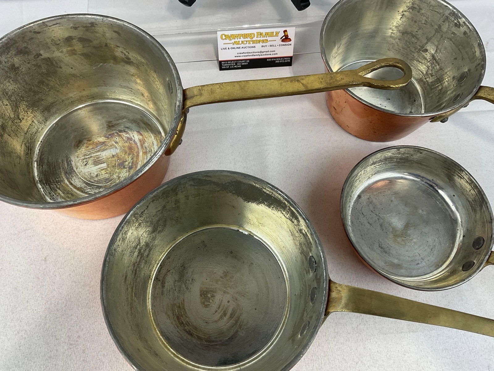 5 Vintage unmarked Copper Clad Sauce Pans & Skillets, w/Brass Handles - 4