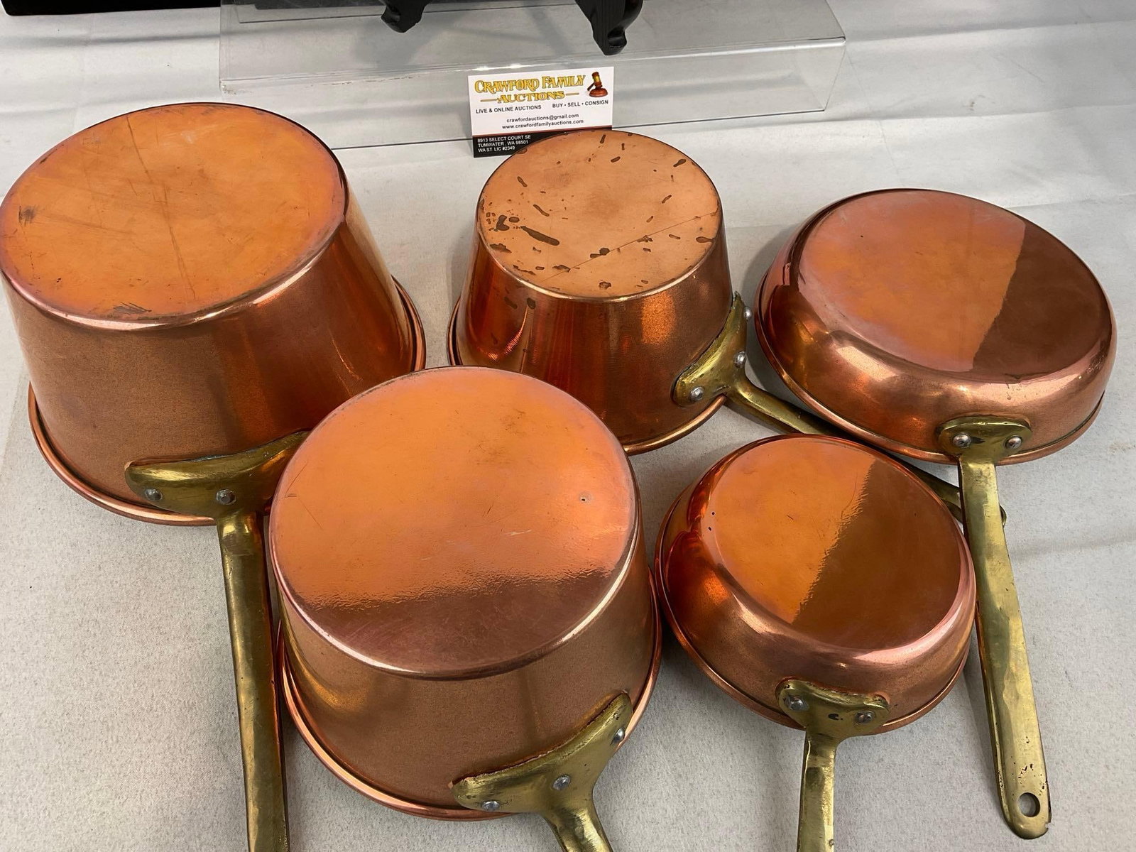 5 Vintage unmarked Copper Clad Sauce Pans & Skillets, w/Brass Handles - 5