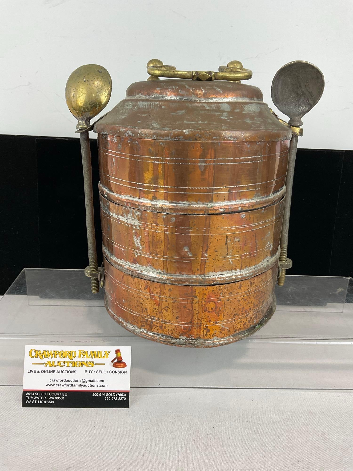 Indian Handmade Copper Lunch Box, 3 Tier, w/2 Spoon Screw Closures, 10h x 9w x 8d inches: Appears to be in fair to good shape, some missing finish and imperfections, though has a lot of character. The piece measures approx 10h x 9w x 8d inches. See pics. E-6080
