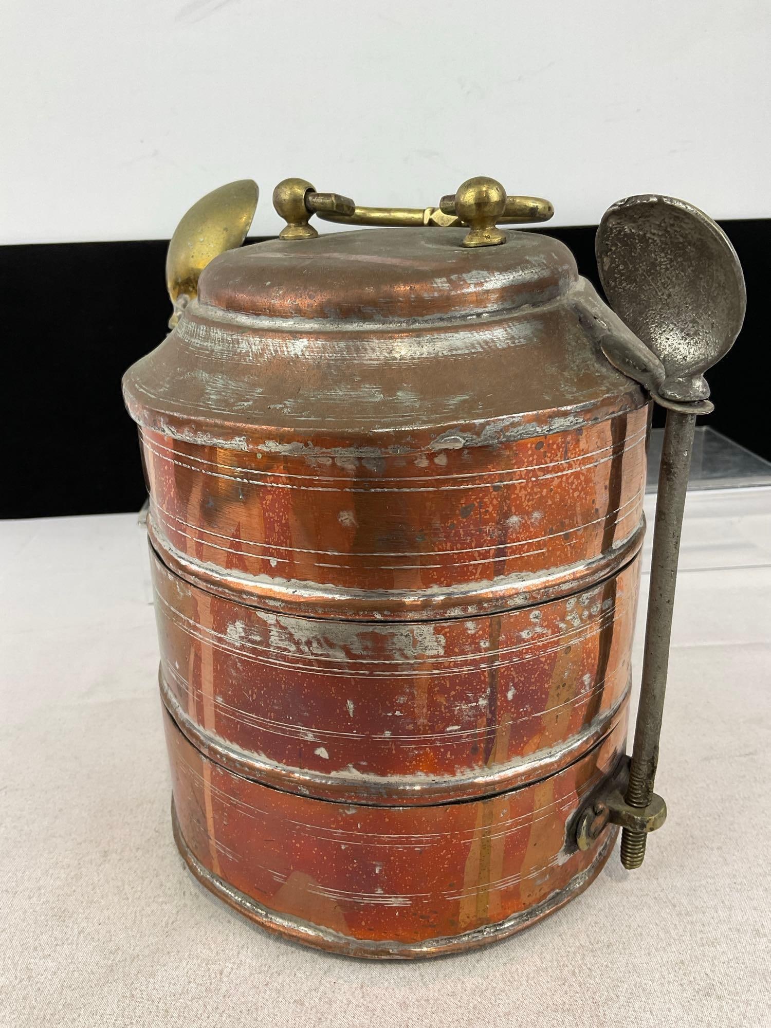 Indian Handmade Copper Lunch Box, 3 Tier, w/2 Spoon Screw Closures, 10h x 9w x 8d inches - 3