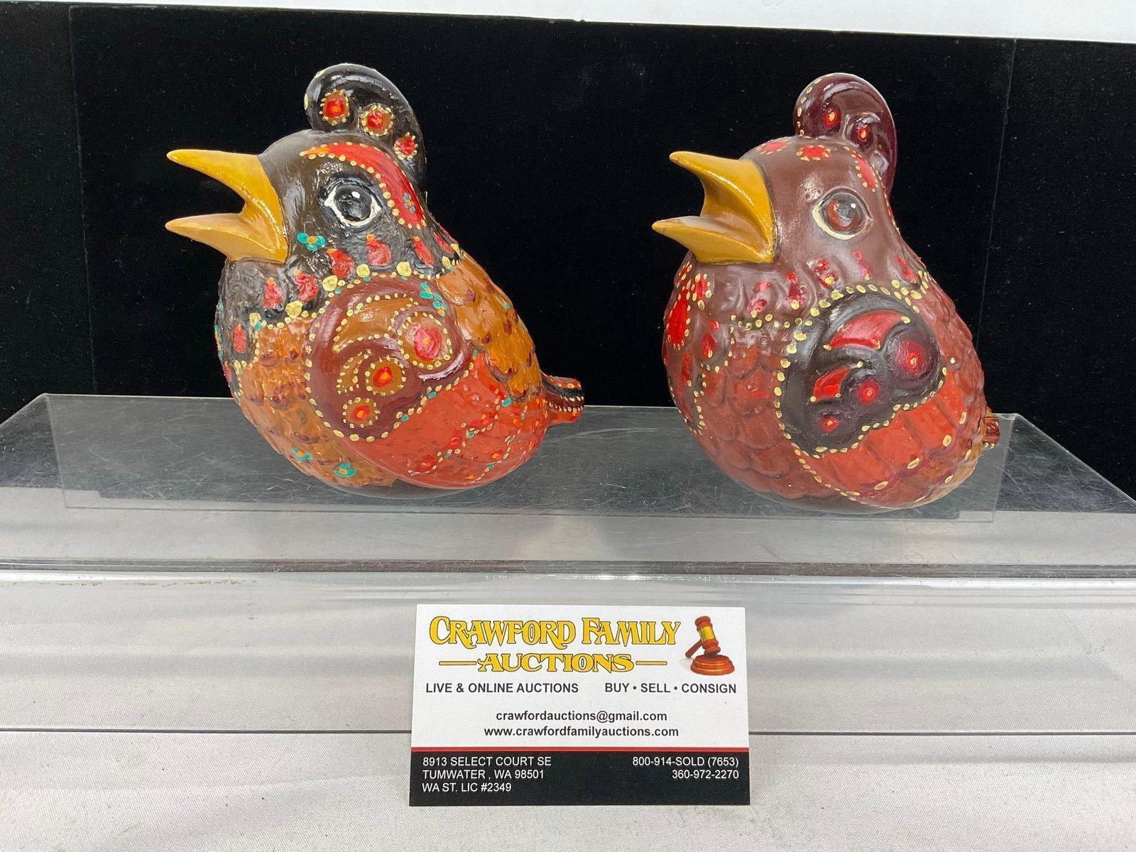 Pair of Handmade & Handpainted Ceramic Bird Figurines, marked Julie 93, Orange & Dark Brown: Appears to be in good shape. The piece measures approx 5h x 10w x 6d inches. See pics. E-6080