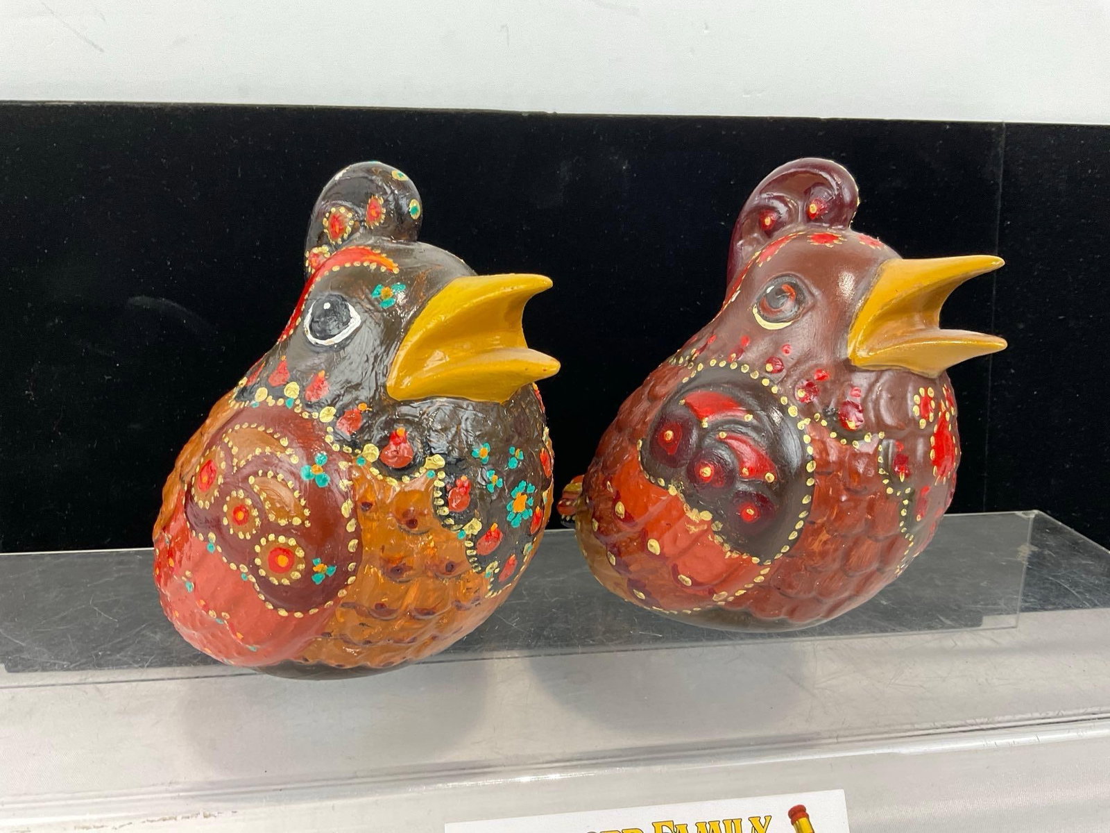 Pair of Handmade & Handpainted Ceramic Bird Figurines, marked Julie 93, Orange & Dark Brown - 2