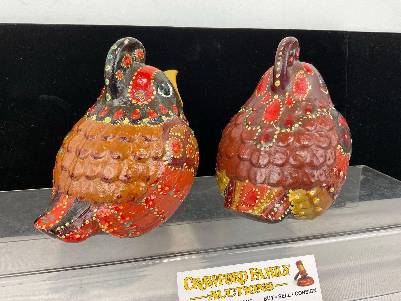Pair of Handmade & Handpainted Ceramic Bird Figurines, marked Julie 93, Orange & Dark Brown - 3