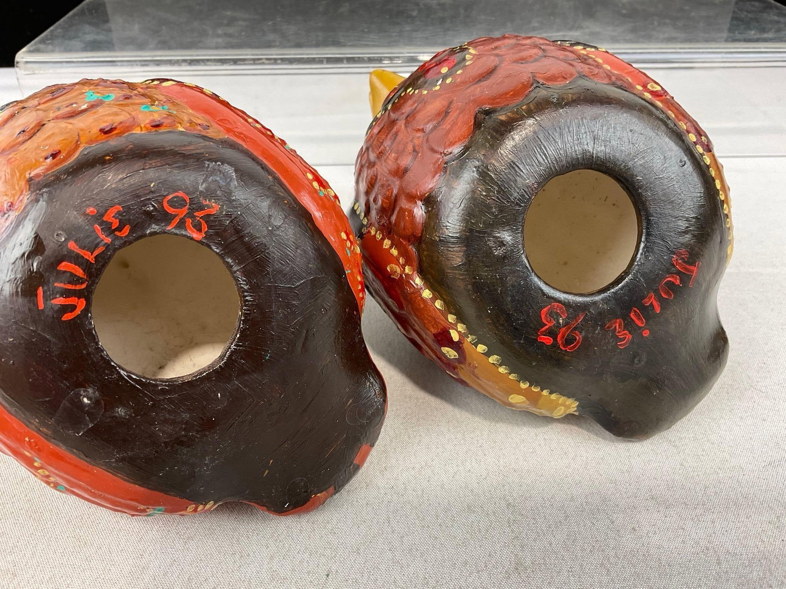 Pair of Handmade & Handpainted Ceramic Bird Figurines, marked Julie 93, Orange & Dark Brown - 4