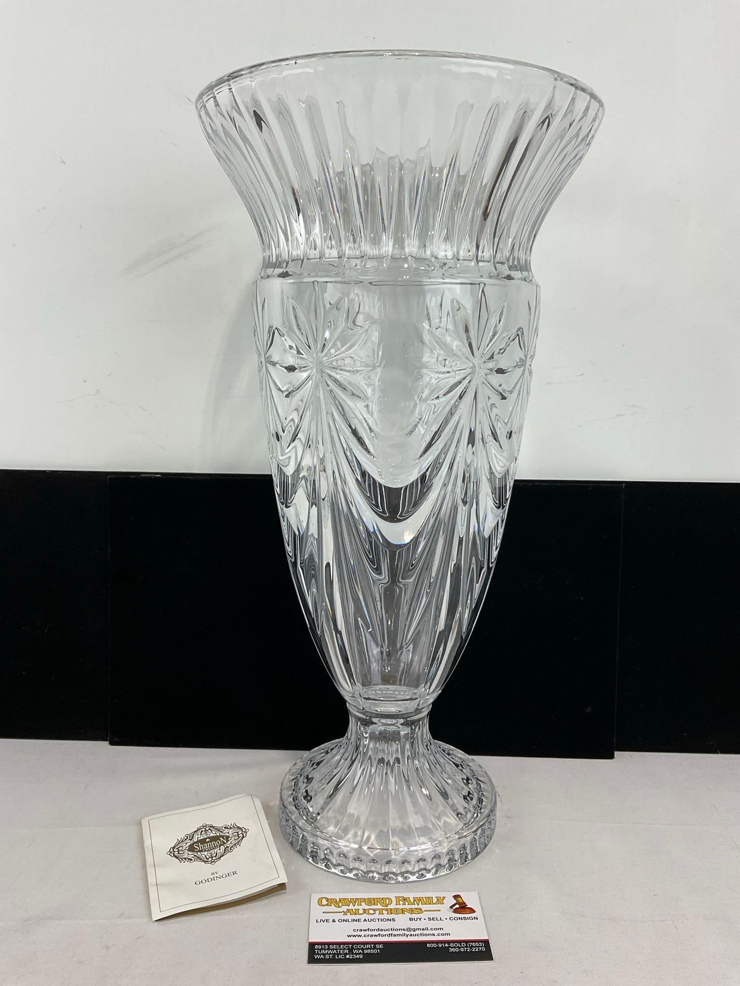 Large Shannon Crystal Contessa Pattern Vase, by Godinger, 16 inches tall: Appears to be in good shape. The piece measures approx 17h x 9w x 9d inches. See pics. E-6140
