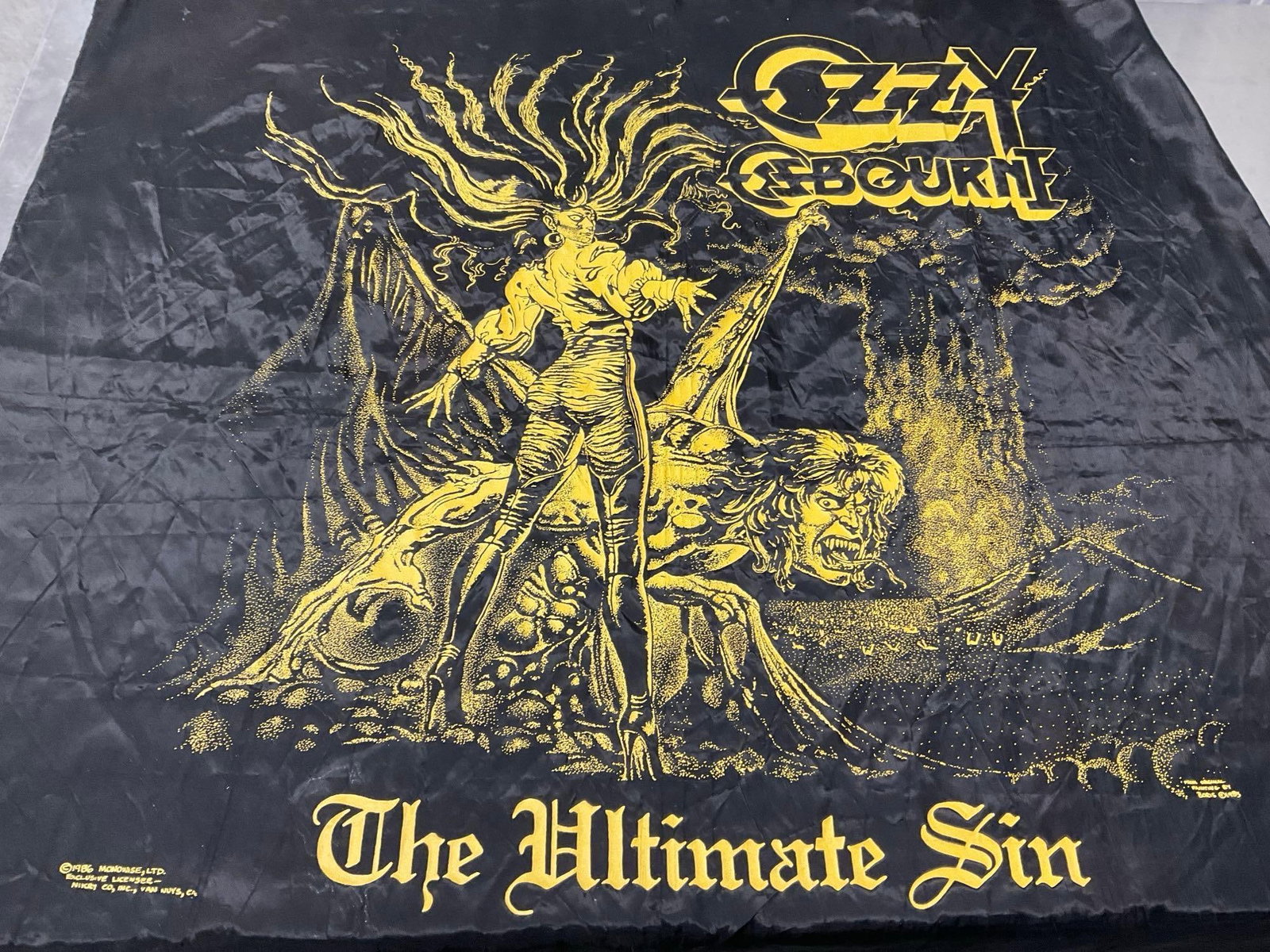 Vintage 1986 Ozzy Osbourne Silk? Tapestry The Ultimate Sin, Black & Yellow, approx 42 x 42 inches: Appears to be in good shape. can be folded up small, it measures approx 7h x 7w x 3d inches. See pics. E-5940