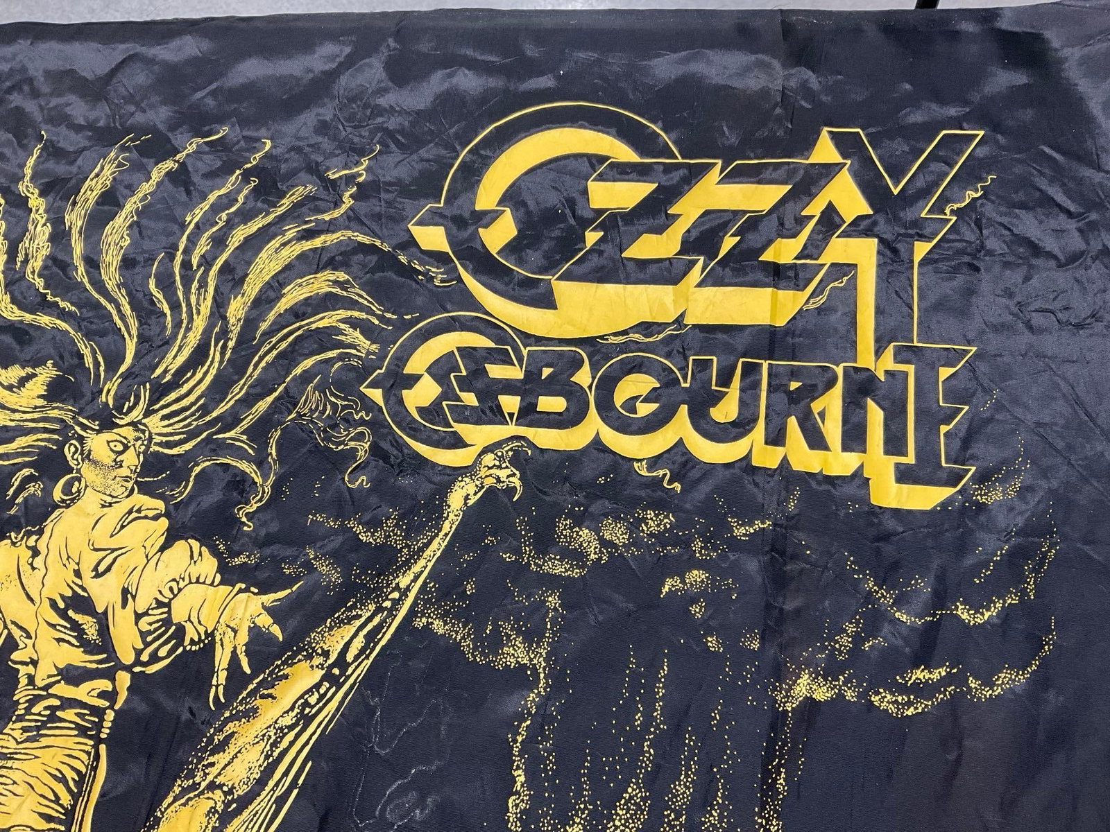 Vintage 1986 Ozzy Osbourne Silk? Tapestry The Ultimate Sin, Black & Yellow, approx 42 x 42 inches - 2