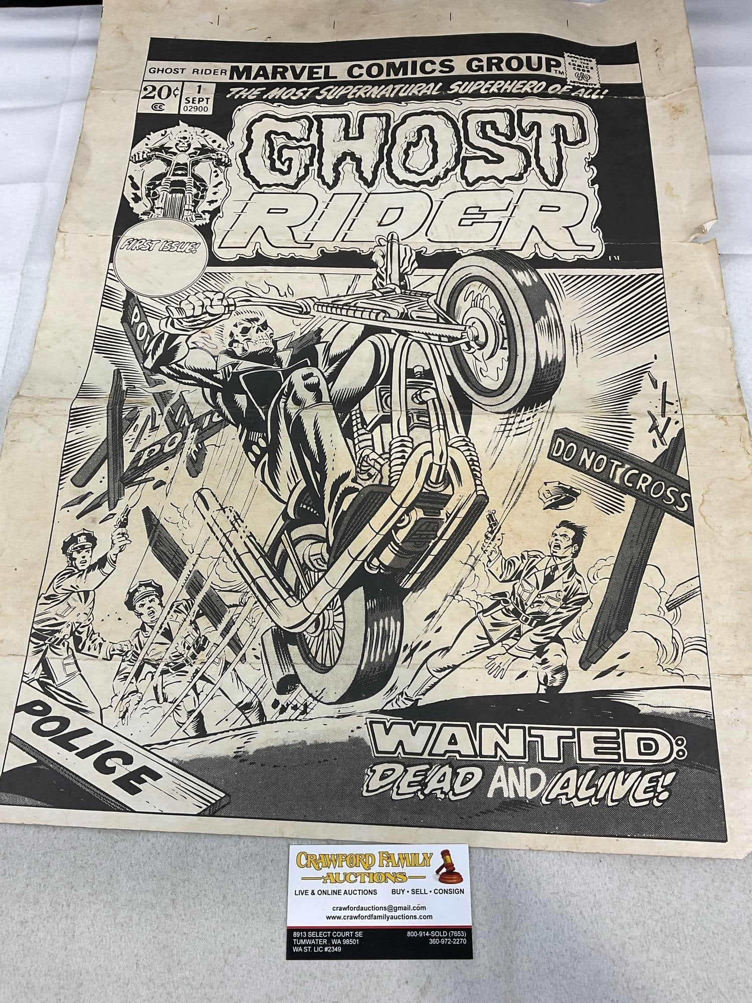 Vintage 1990 Marvel Ghost Rider Complete Set of 45 Cards, in single uncut sheet: Appears to be in fair shape, uncut sheet, though has been stored folded up and creased. Some missing finish, and some wear around the edges. The piece measures approx 25h x 18w x 2d inches. See pics.
