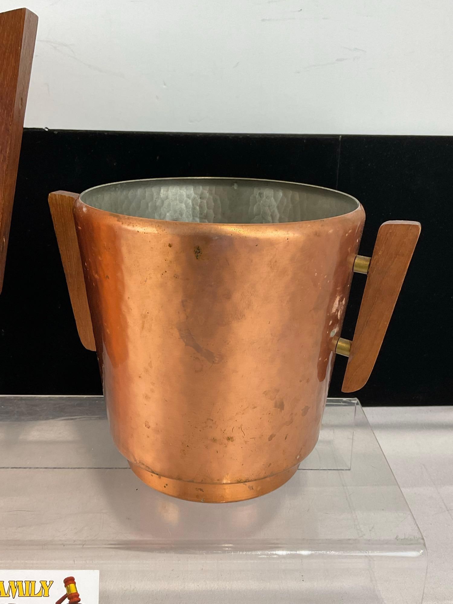 Pair of Wooden Handled Copper Ice Buckets, marked Reinkupfer, 10 & 6 inch tall - 2