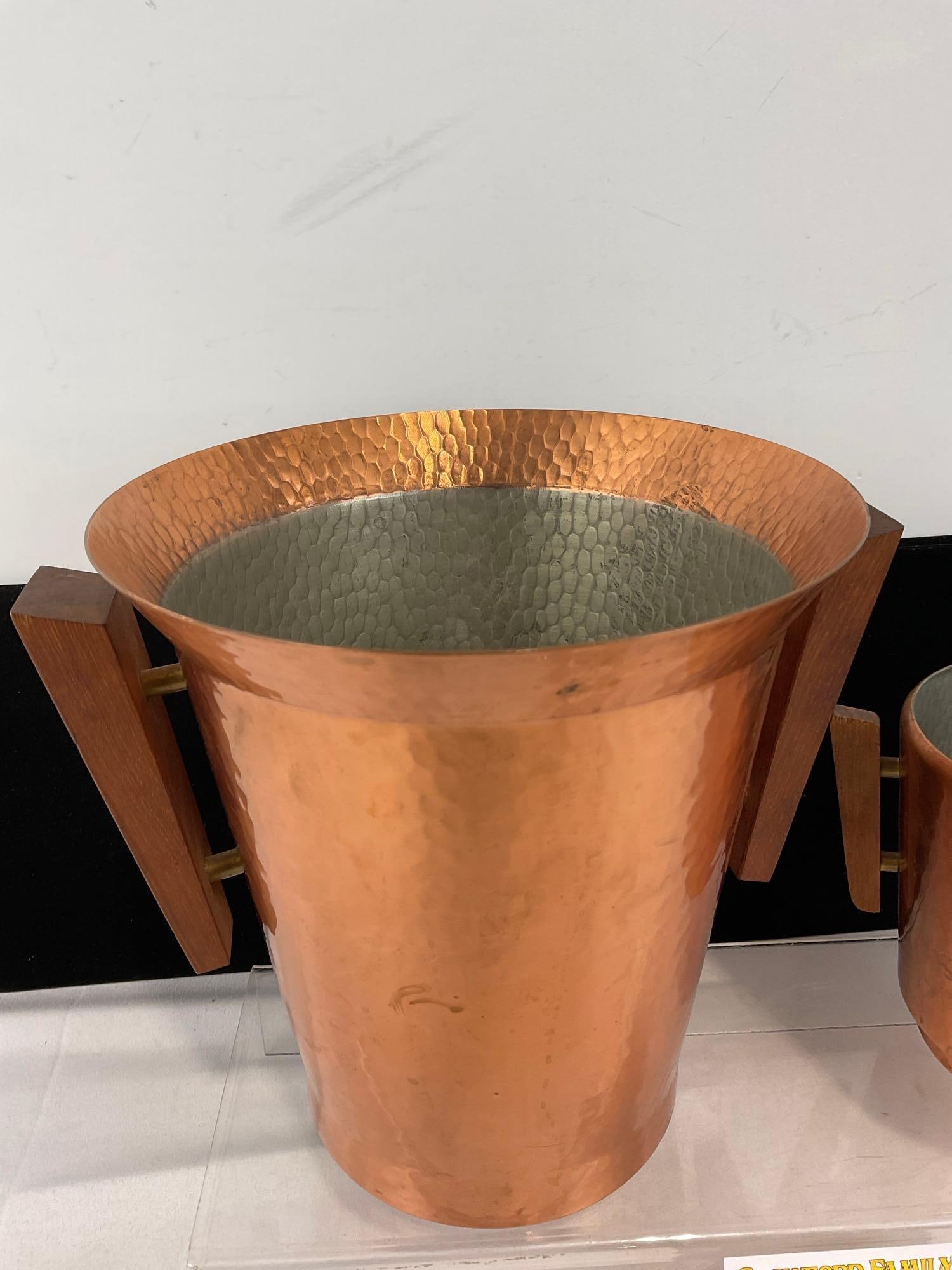 Pair of Wooden Handled Copper Ice Buckets, marked Reinkupfer, 10 & 6 inch tall - 3