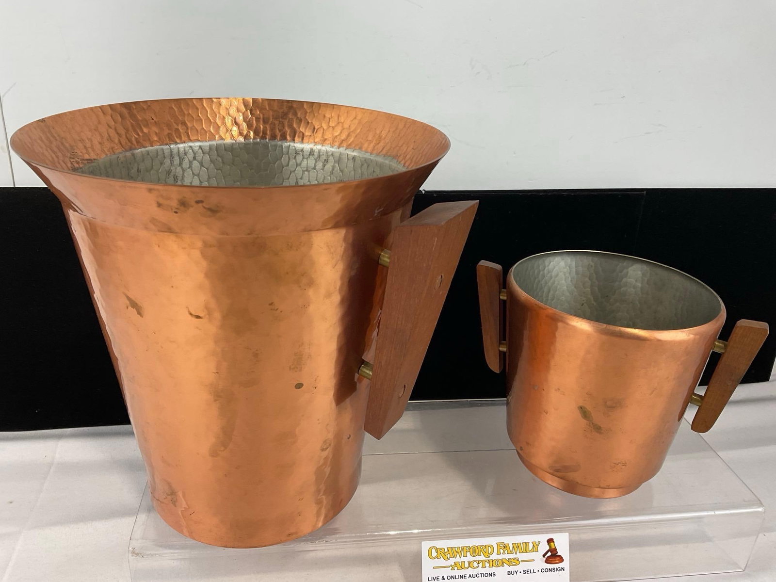 Pair of Wooden Handled Copper Ice Buckets, marked Reinkupfer, 10 & 6 inch tall - 4
