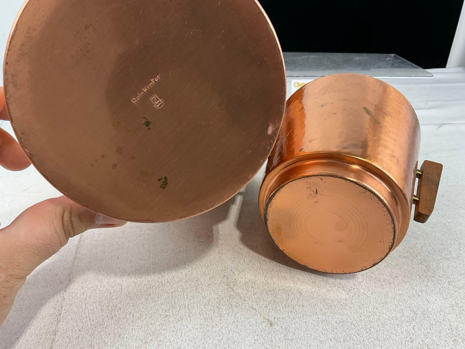 Pair of Wooden Handled Copper Ice Buckets, marked Reinkupfer, 10 & 6 inch tall - 5