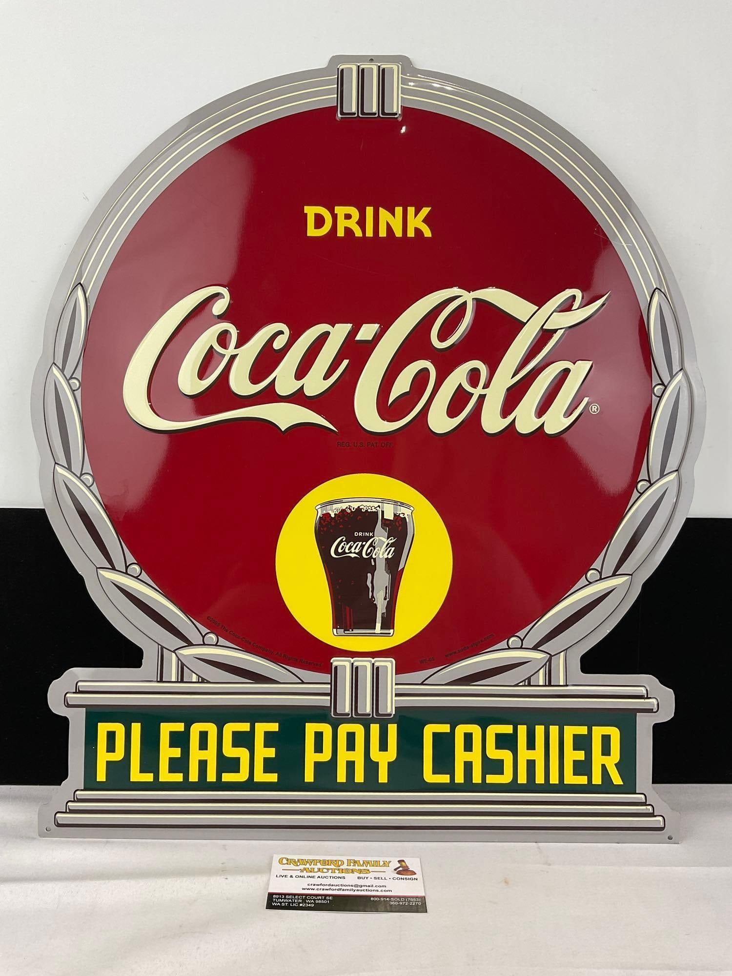 Vintage 2005 Coca-Cola Sign, Embossed Diecut, Please Pay Cashier, 21x18 inches: Appears to be in good shape. The piece measures approx 21h x 18w x 2d inches. See pics. E-6120