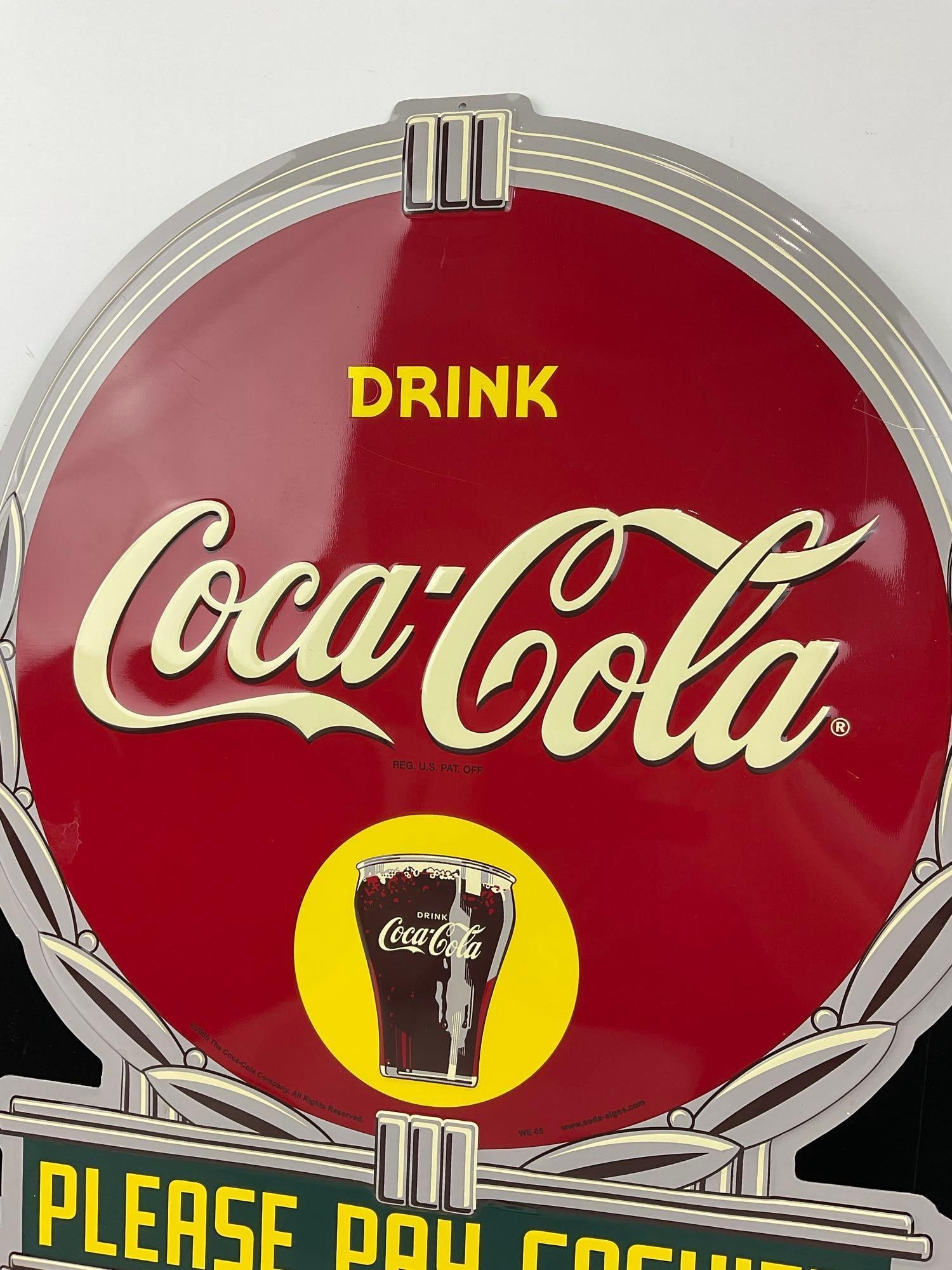 Vintage 2005 Coca-Cola Sign, Embossed Diecut, Please Pay Cashier, 21x18 inches - 2