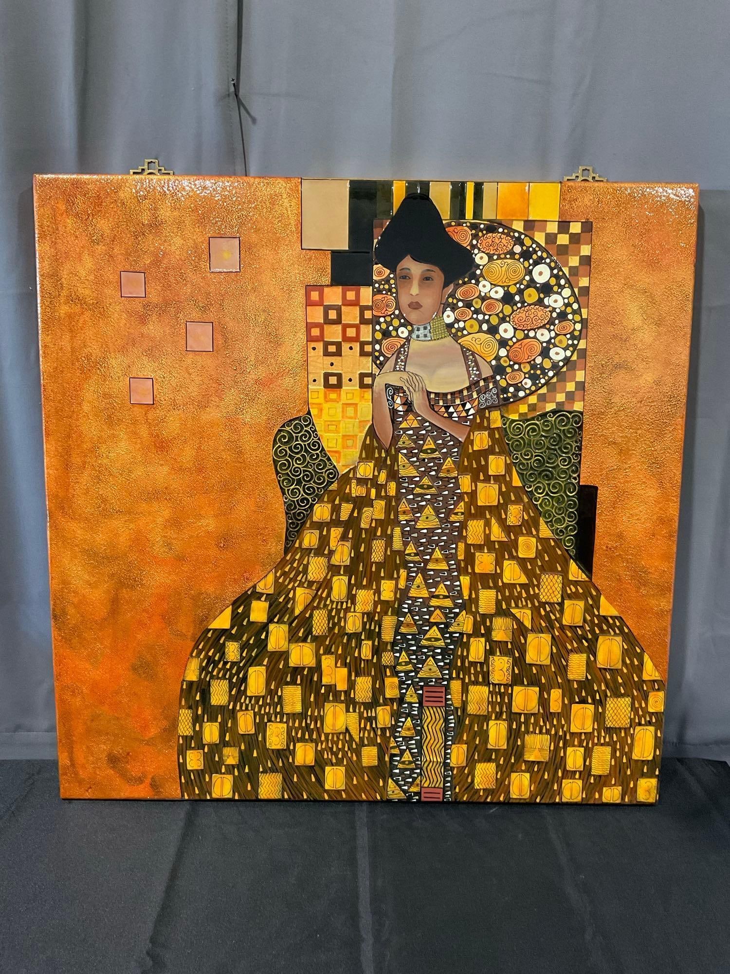 Large Repro in the style of Gustav Klimts Portrait of Adele Bloch-Bauer, lacquered style, 37x35 in: Appears to be in good shape. The piece measures approx 37h x 35w x 4d inches. See pics. E-6080 *Oversized shipping may apply*