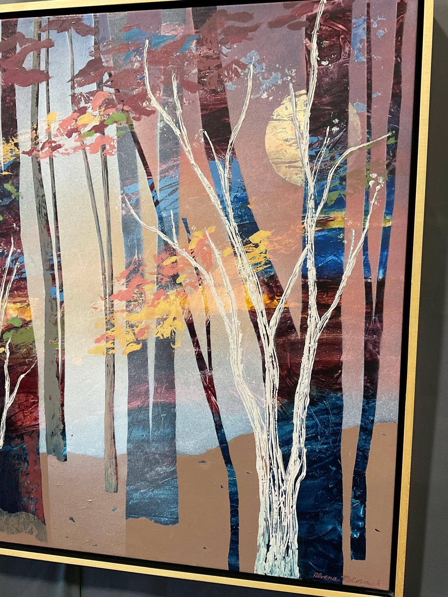 Large Signed Original Watercolor on Canvas, Birch Tree Forest, 36x46 inches, Signed Alvena McCorm... - 3