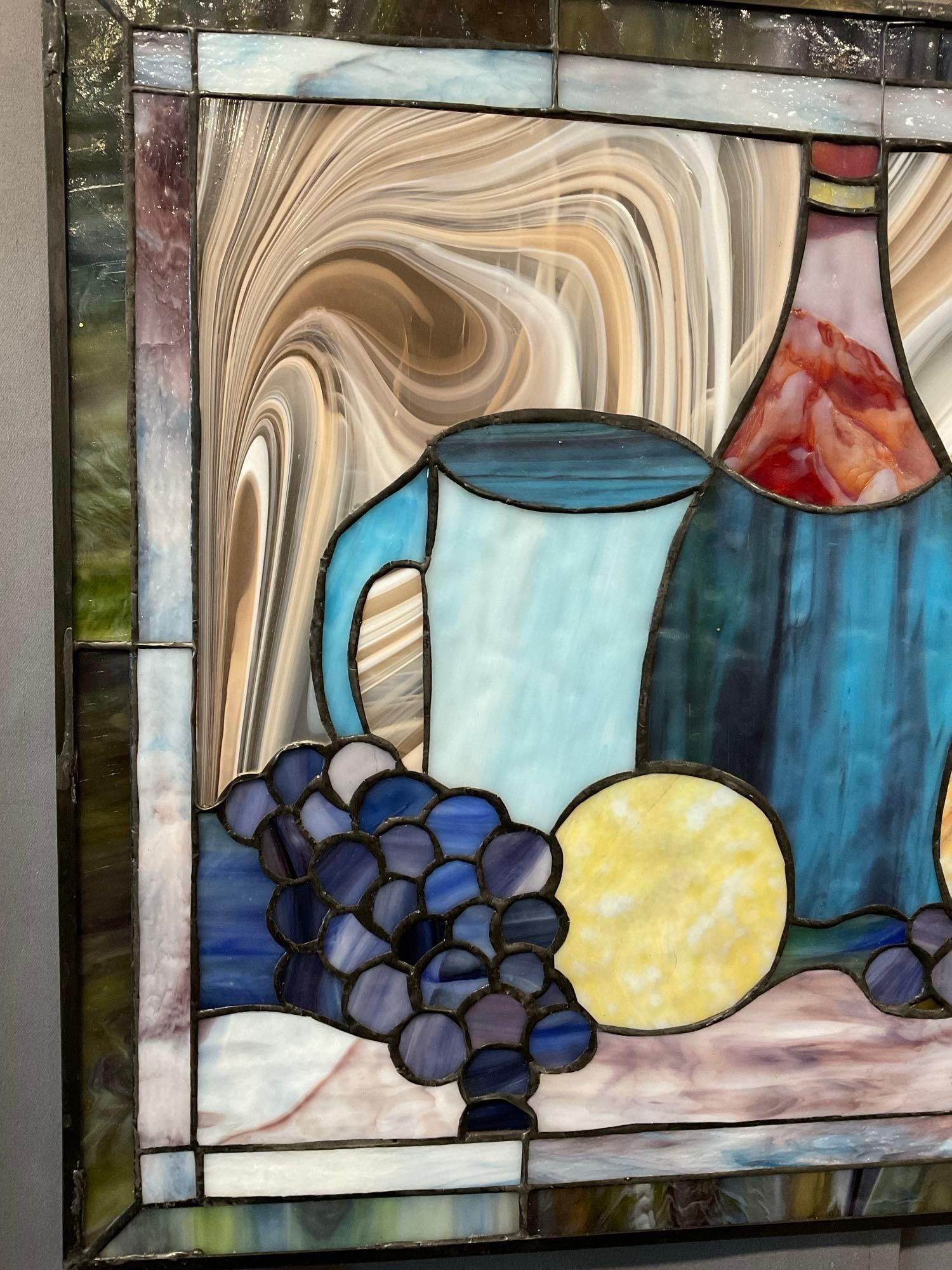 Gorgeous Stained Glass Panel, Still Life scene, Fruit & Bottle, 20x25 inches - 2