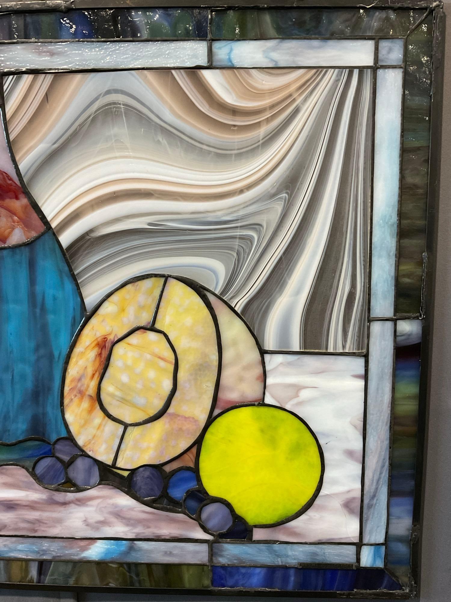 Gorgeous Stained Glass Panel, Still Life scene, Fruit & Bottle, 20x25 inches - 3