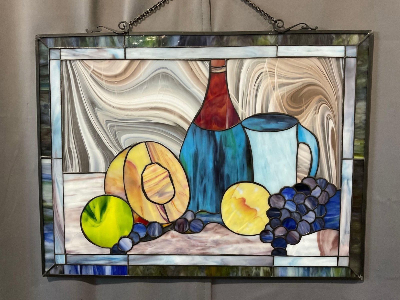 Gorgeous Stained Glass Panel, Still Life scene, Fruit & Bottle, 20x25 inches - 4